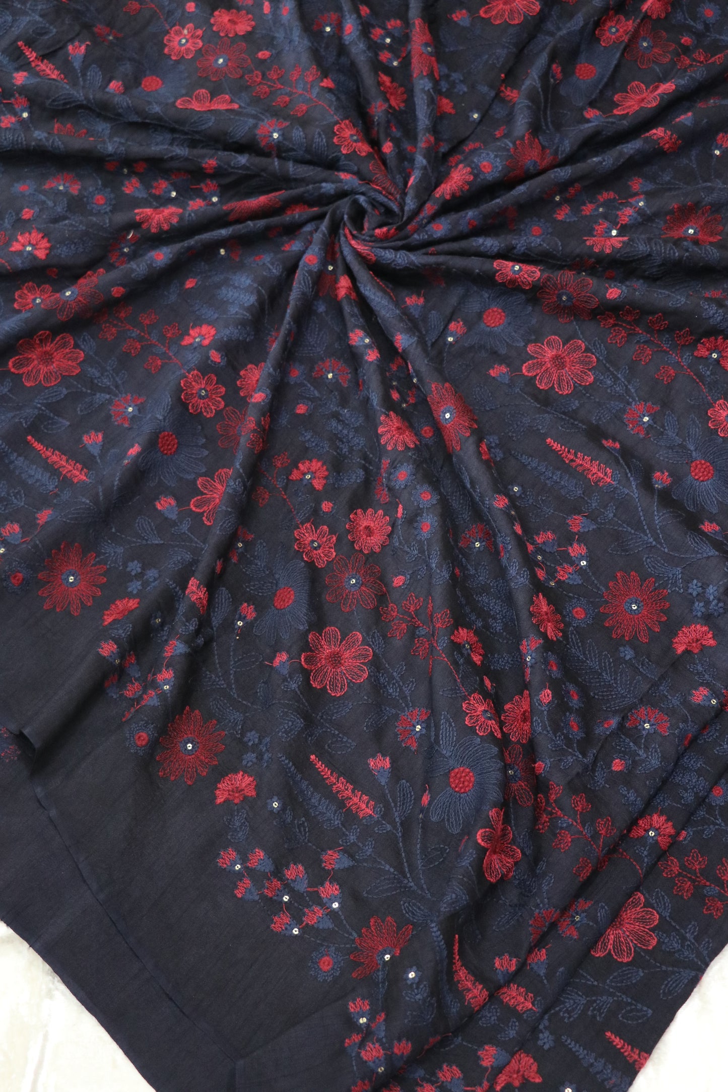 Floral & Pine Tree Design Embroidery On Falling Rawsilk Fabric