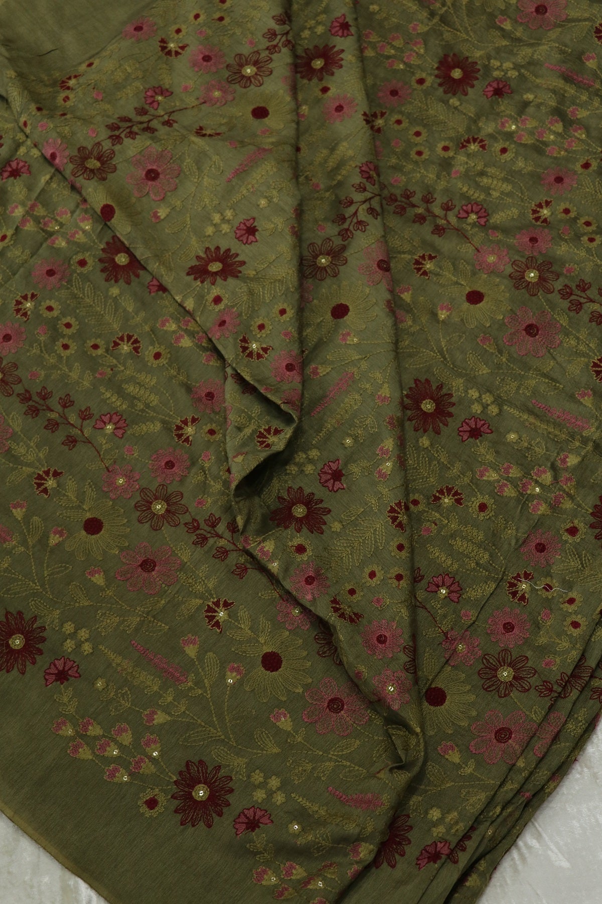 Floral & Pine Tree Design Embroidery On Falling Rawsilk Fabric