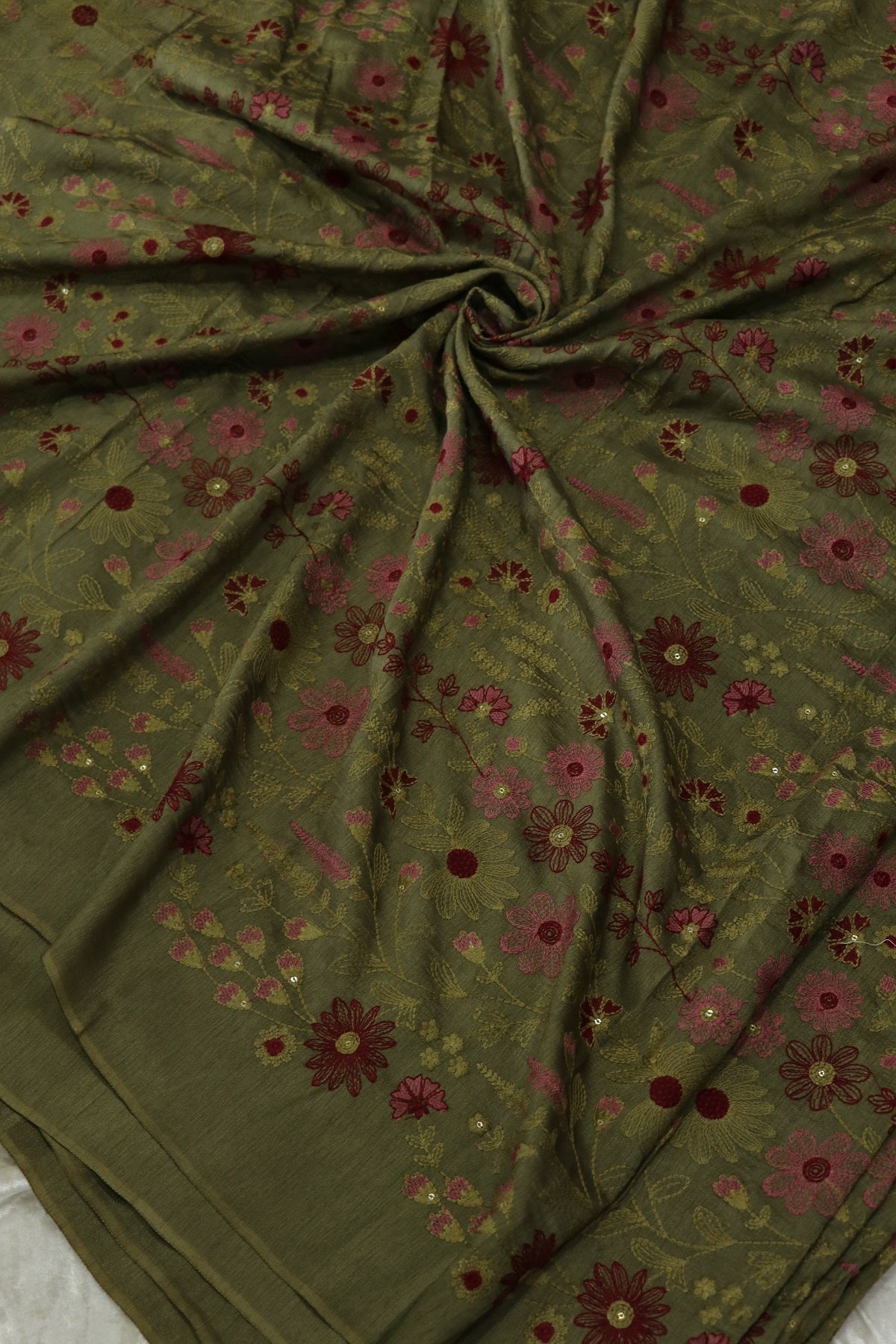 Floral & Pine Tree Design Embroidery On Falling Rawsilk Fabric