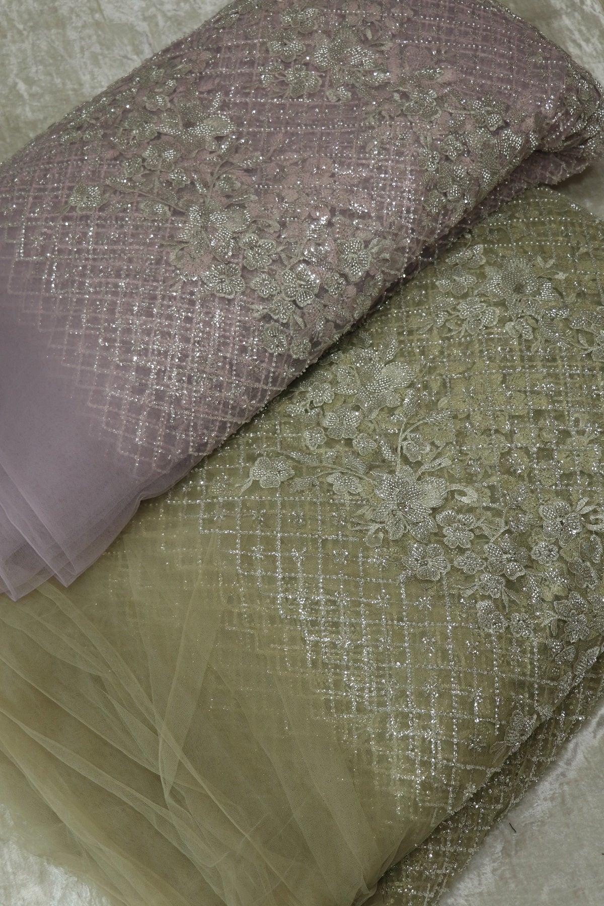 Diamond Patterned & Floral Embossed Works With Cut Beads & Sequins On Net