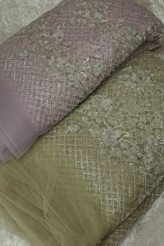 Diamond Patterned & Floral Embossed Works With Cut Beads & Sequins On Net