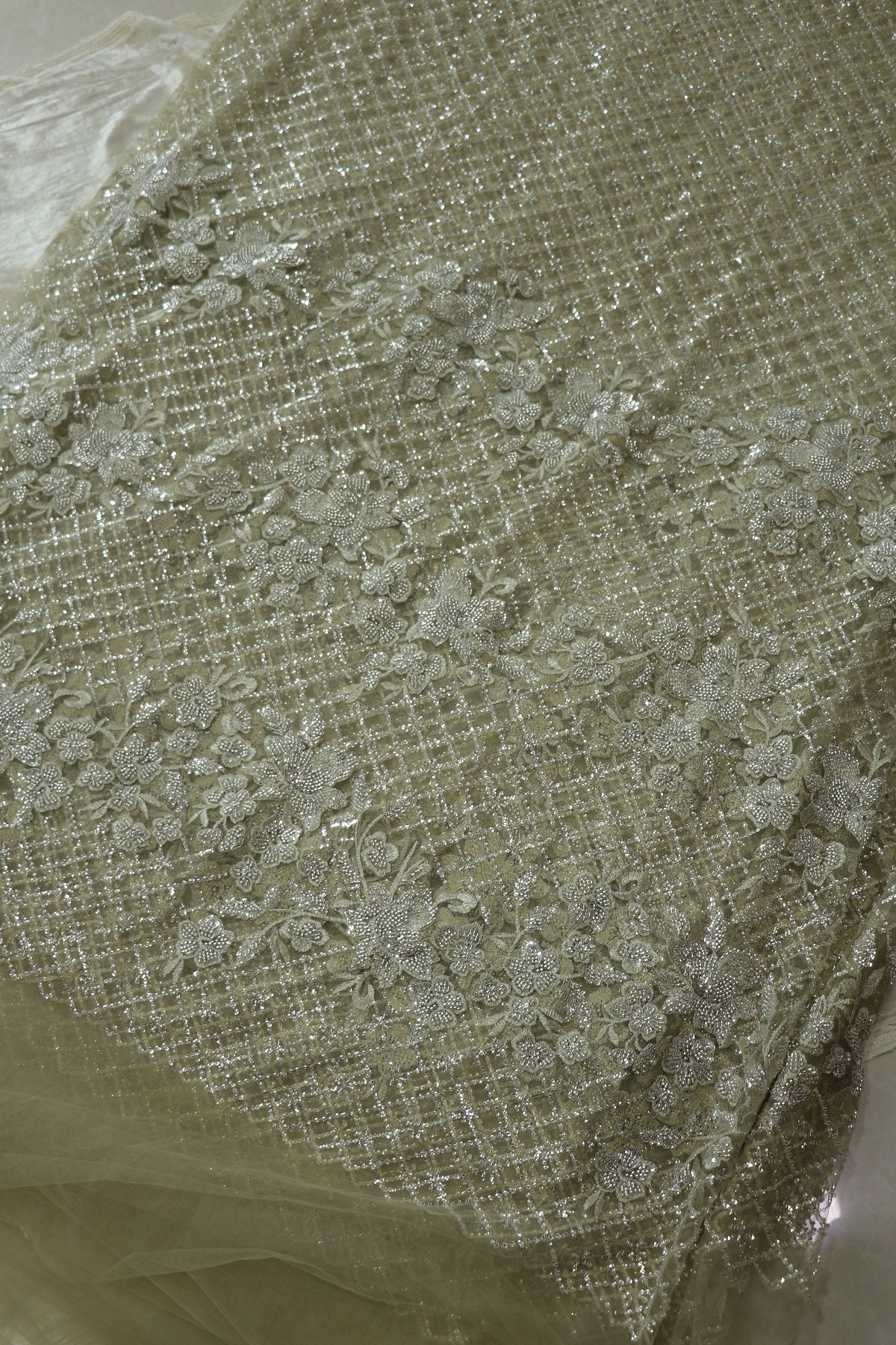 Diamond Patterned & Floral Embossed Works With Cut Beads & Sequins On Net