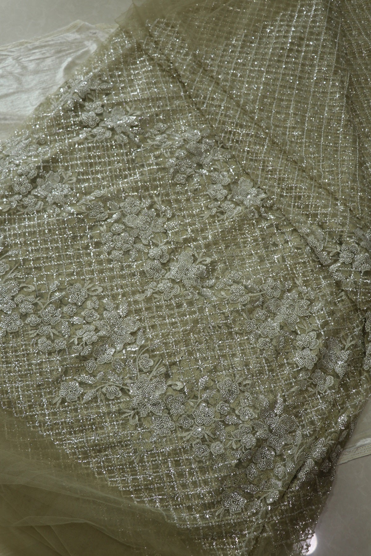 Diamond Patterned & Floral Embossed Works With Cut Beads & Sequins On Net