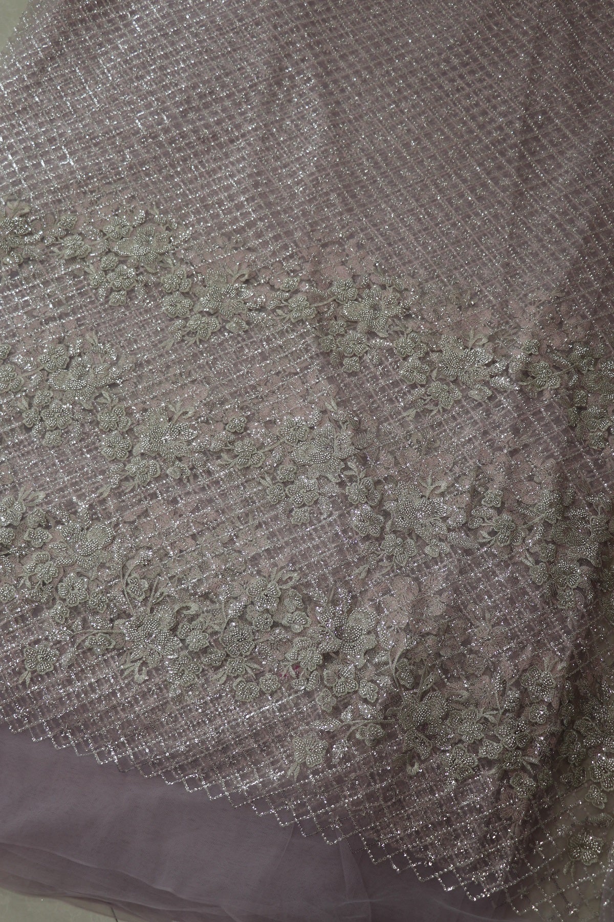 Diamond Patterned & Floral Embossed Works With Cut Beads & Sequins On Net