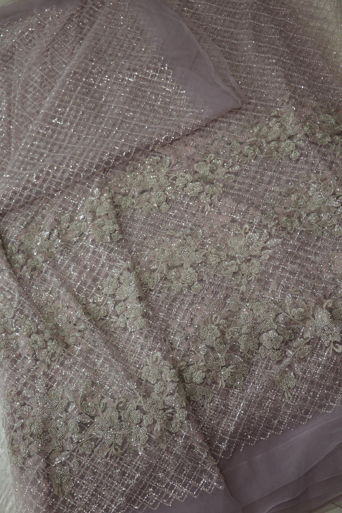 Diamond Patterned & Floral Embossed Works With Cut Beads & Sequins On Net