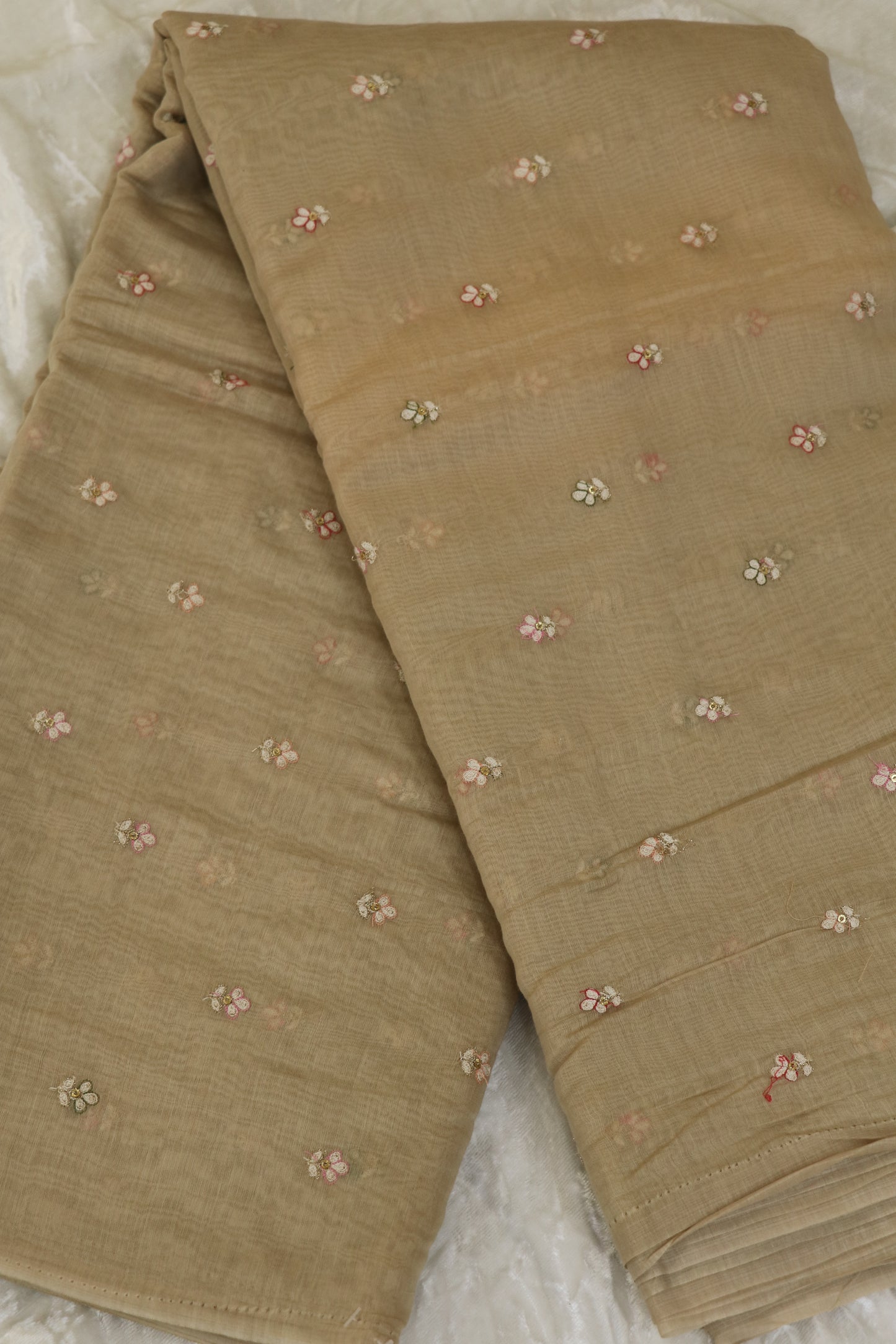 Pure Mul Chanderi Three Petal Floral Embroidered Fabric