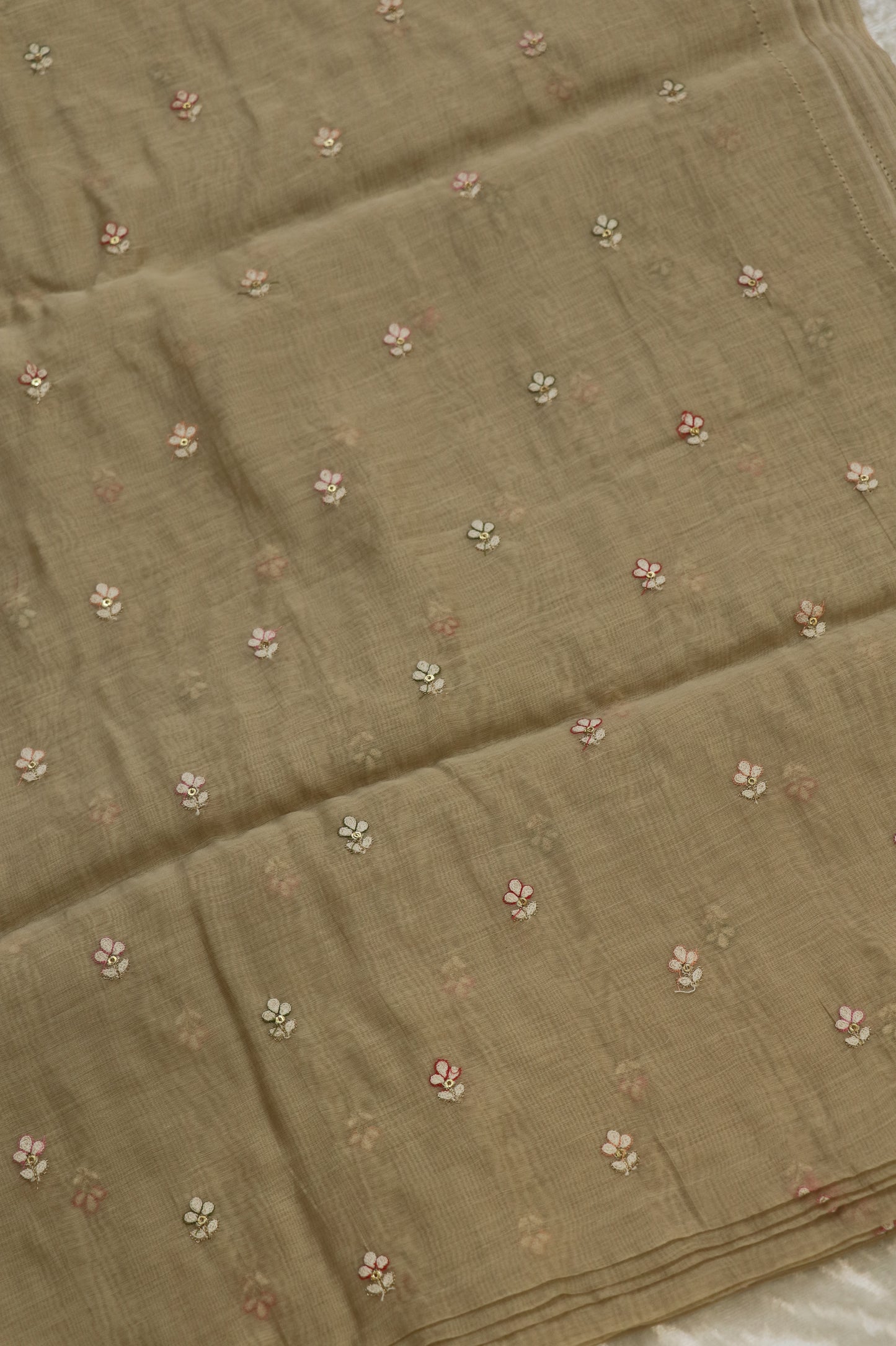 Pure Mul Chanderi Three Petal Floral Embroidered Fabric