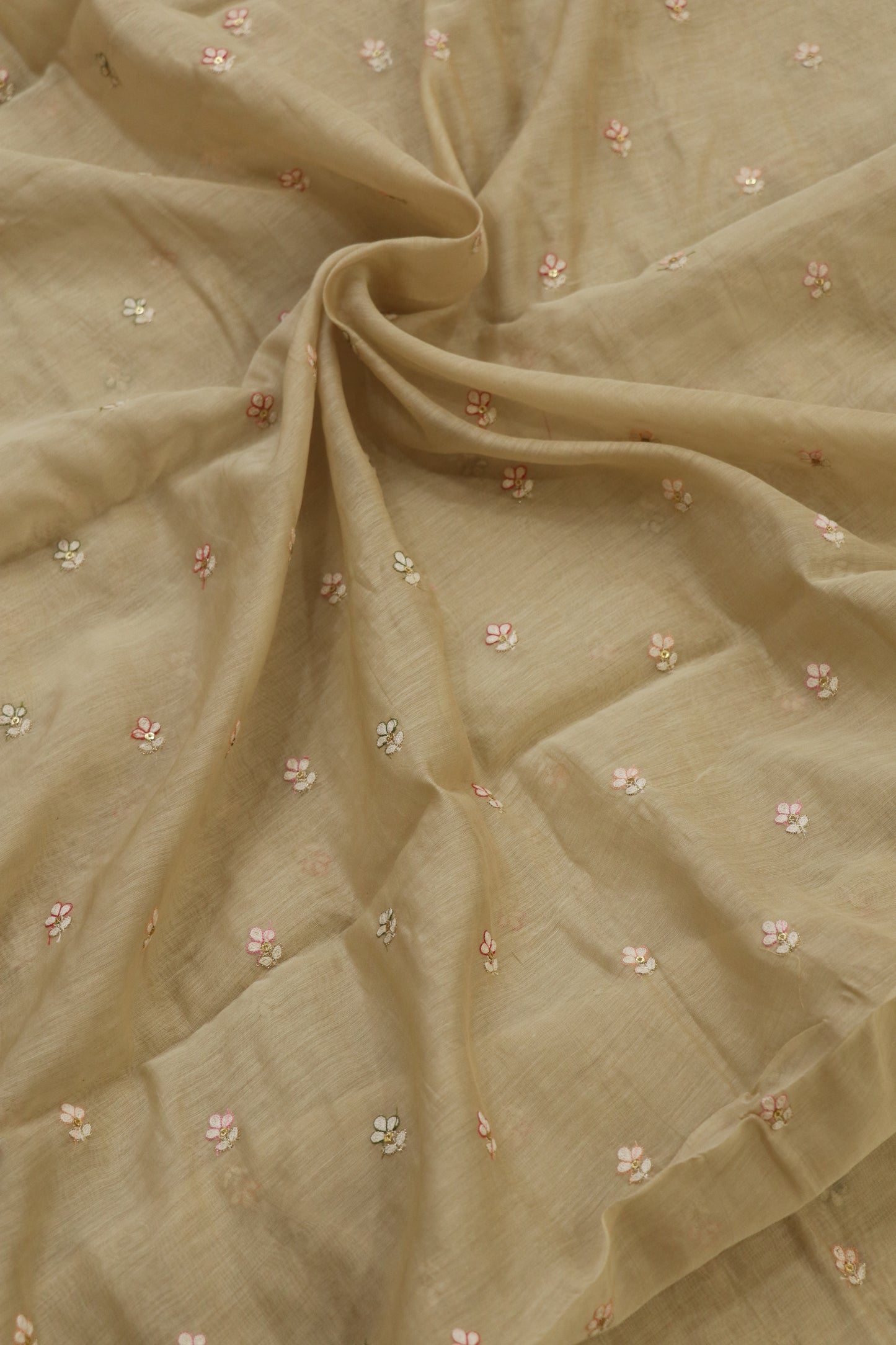 Pure Mul Chanderi Three Petal Floral Embroidered Fabric