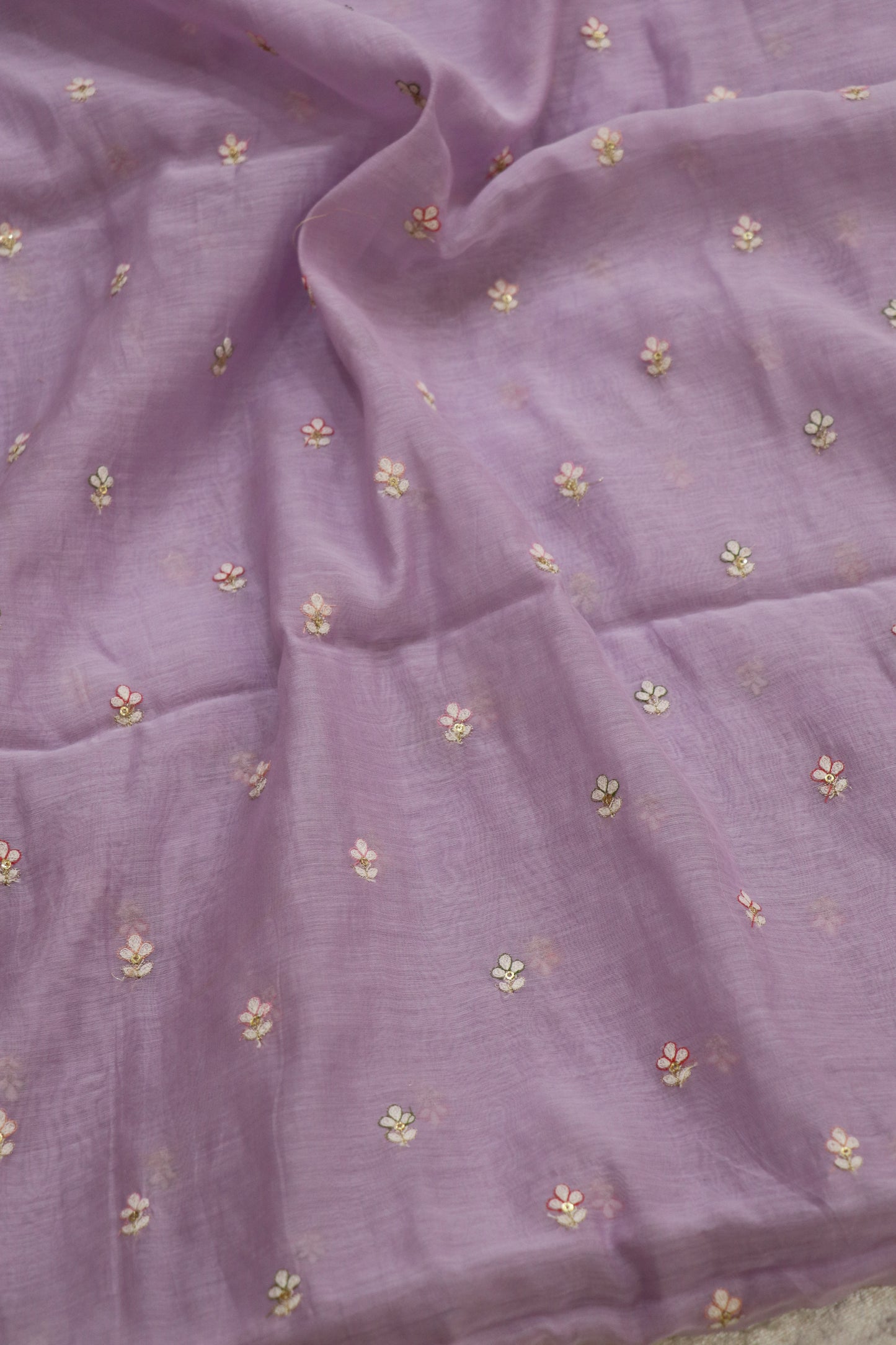 Pure Mul Chanderi Three Petal Floral Embroidered Fabric