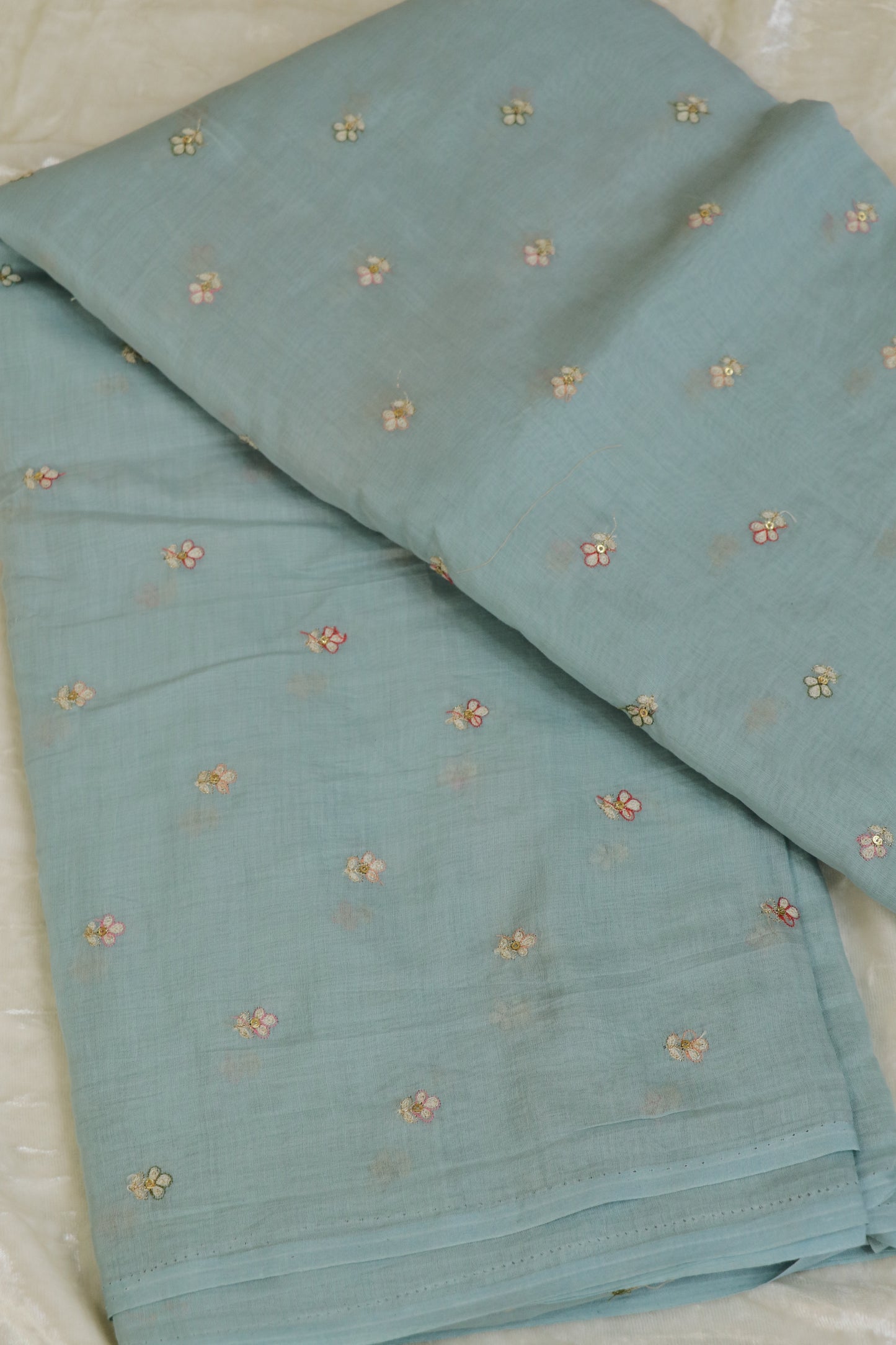 Pure Mul Chanderi Three Petal Floral Embroidered Fabric
