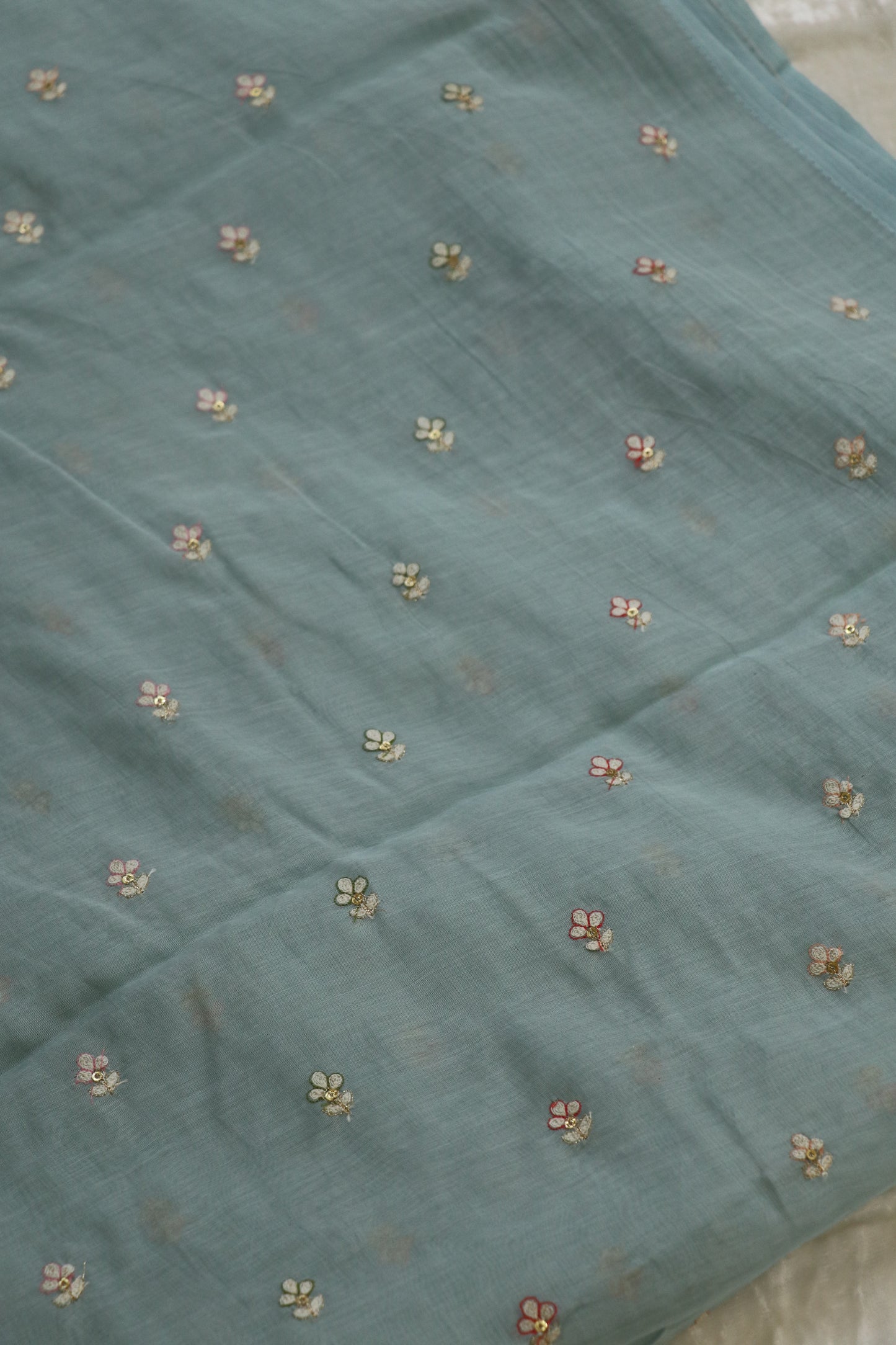 Pure Mul Chanderi Three Petal Floral Embroidered Fabric