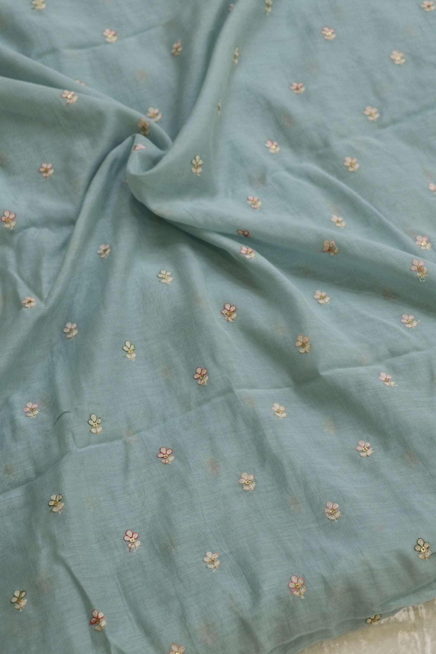 Pure Mul Chanderi Three Petal Floral Embroidered Fabric