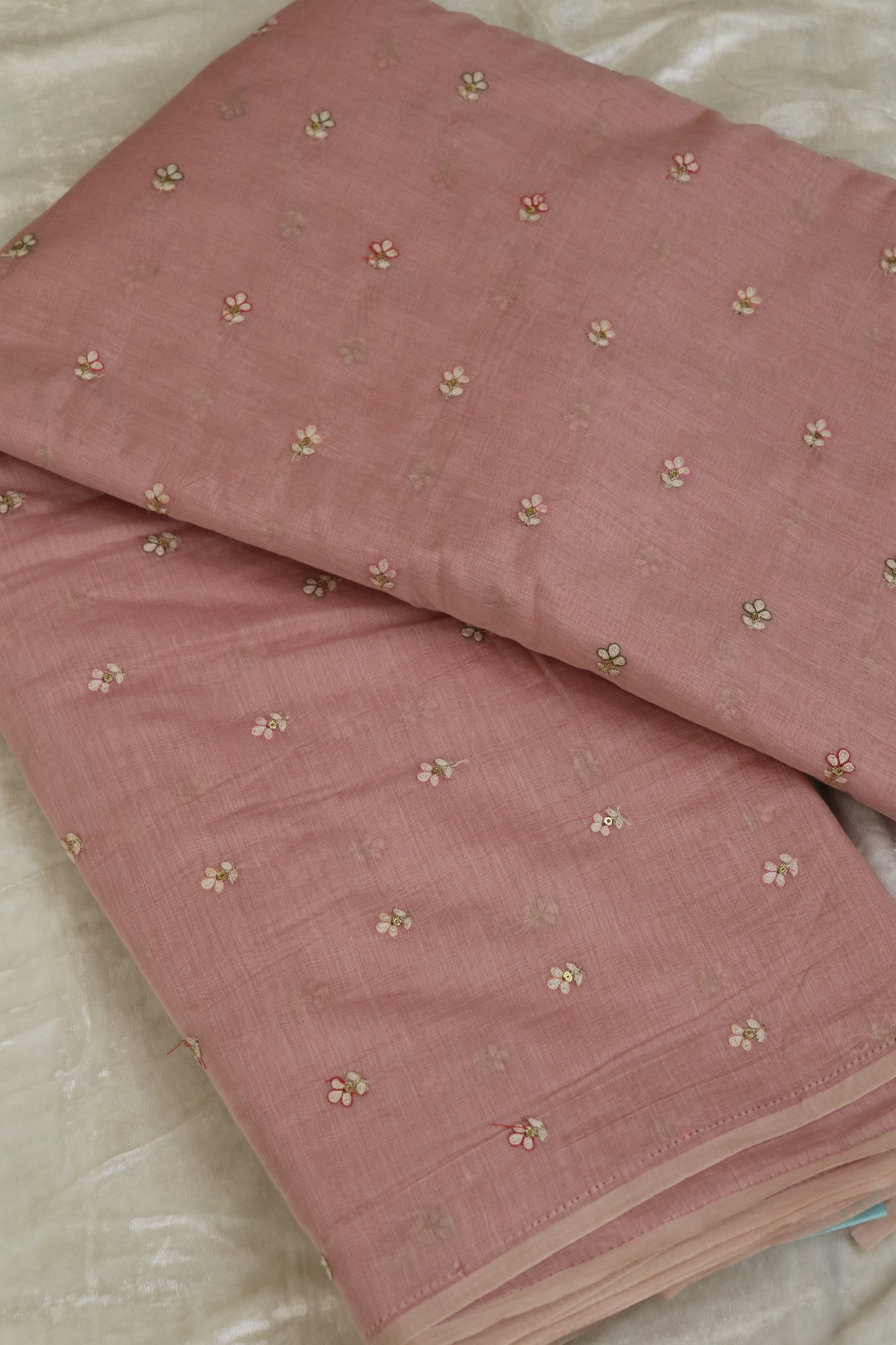 Pure Mul Chanderi Three Petal Floral Embroidered Fabric