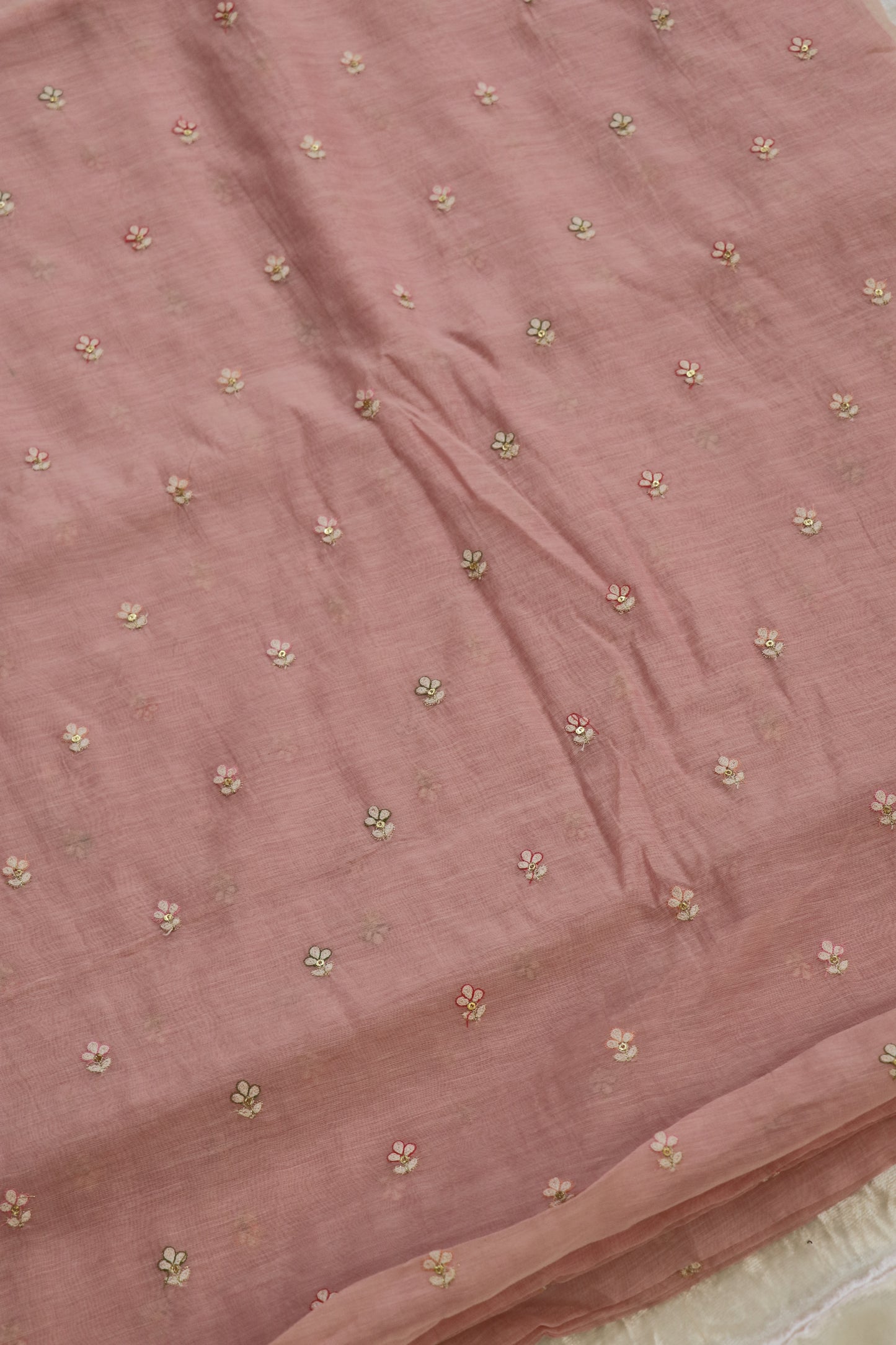 Pure Mul Chanderi Three Petal Floral Embroidered Fabric