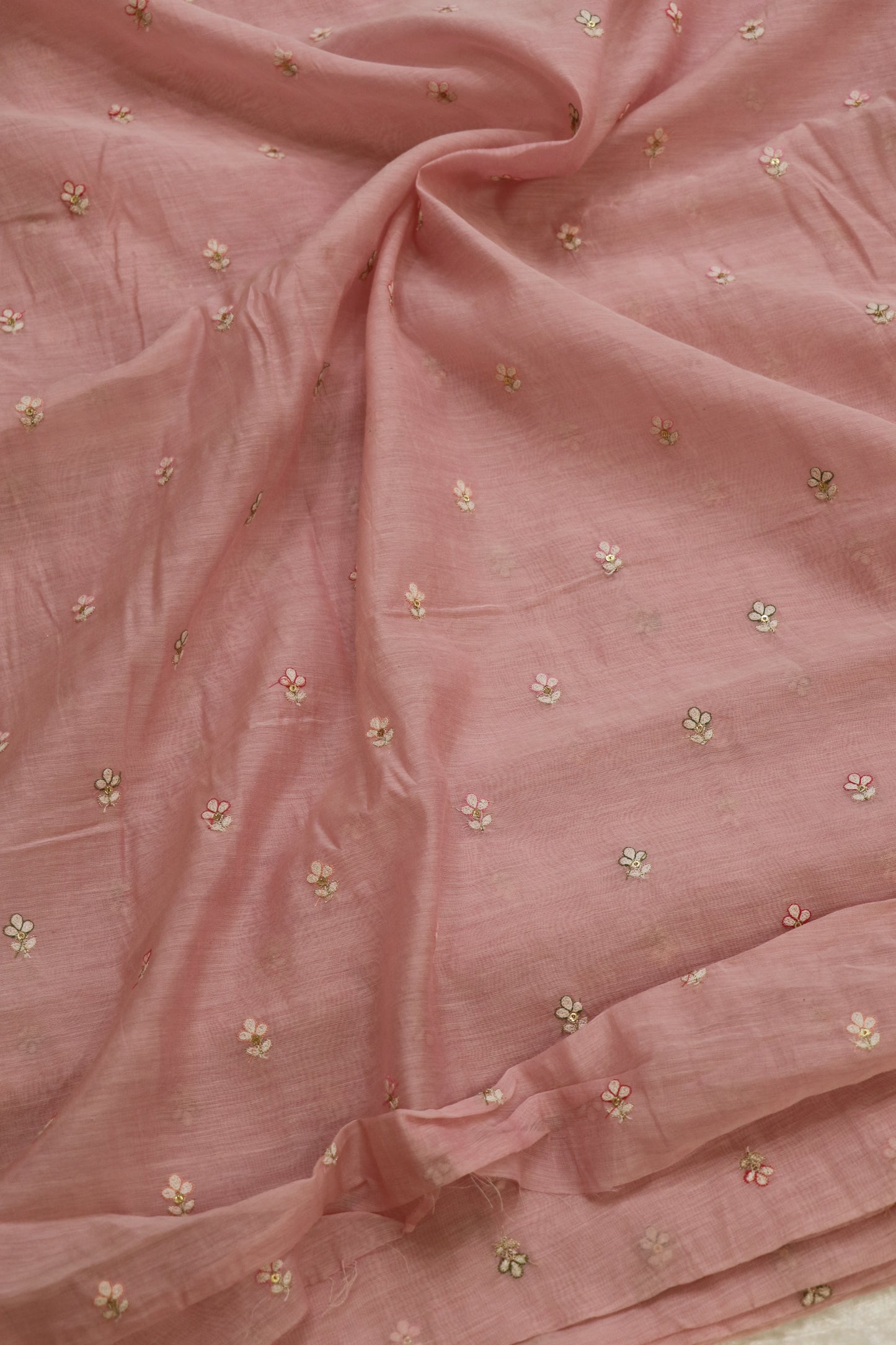 Pure Mul Chanderi Three Petal Floral Embroidered Fabric