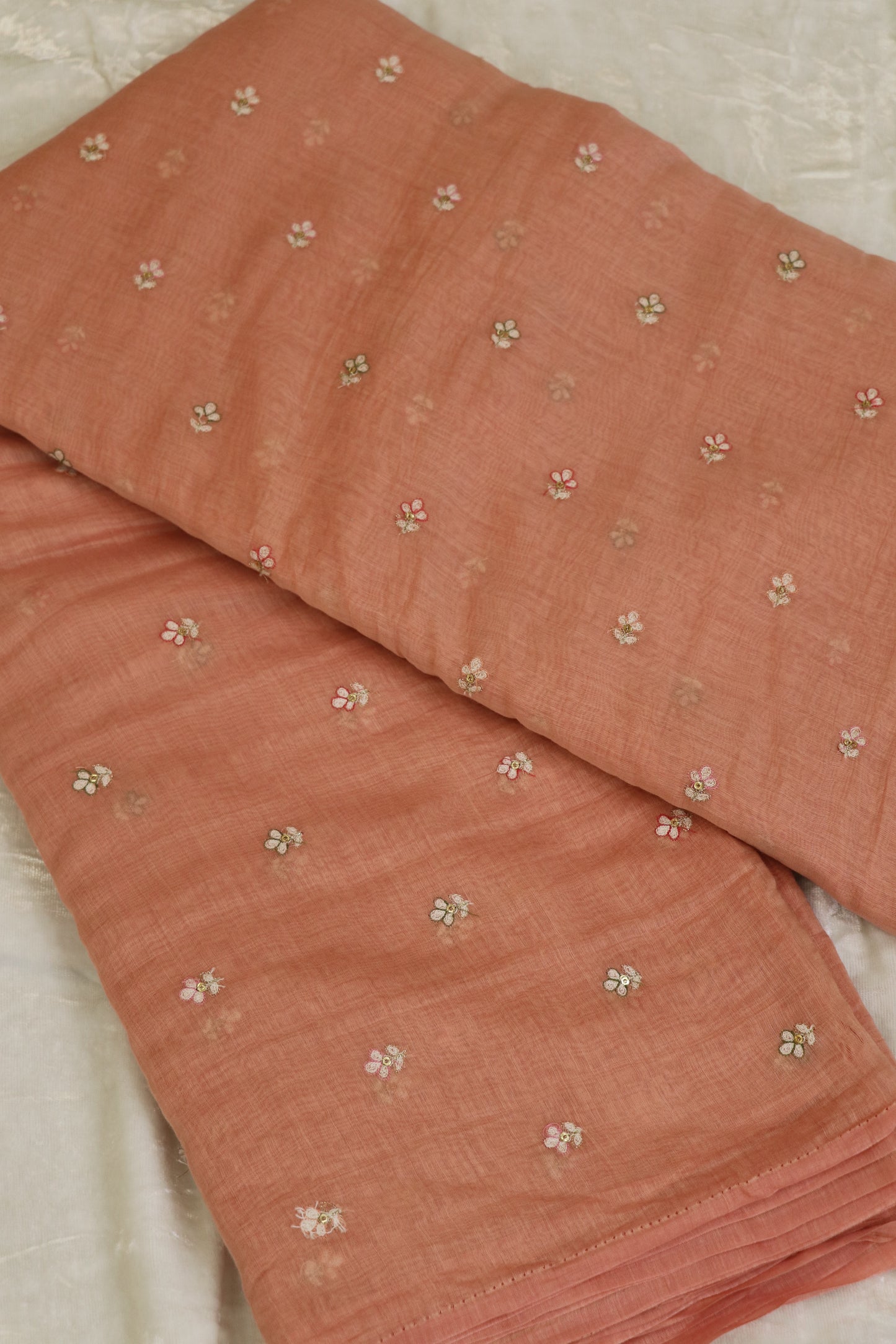 Pure Mul Chanderi Three Petal Floral Embroidered Fabric