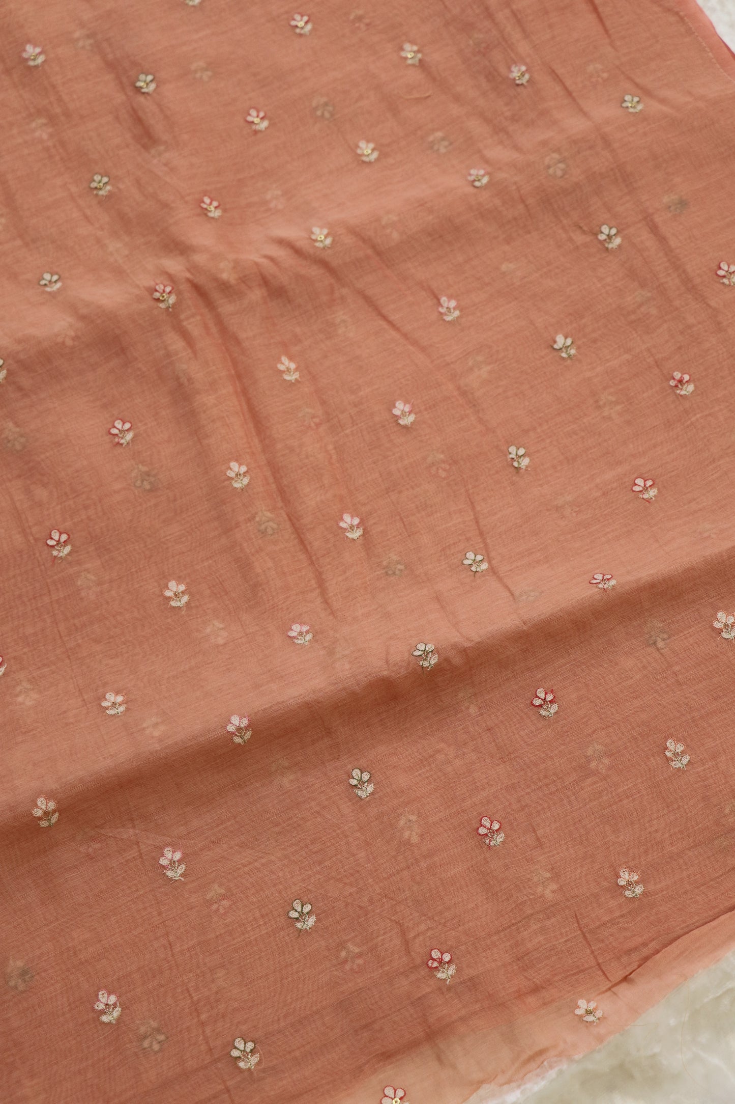 Pure Mul Chanderi Three Petal Floral Embroidered Fabric