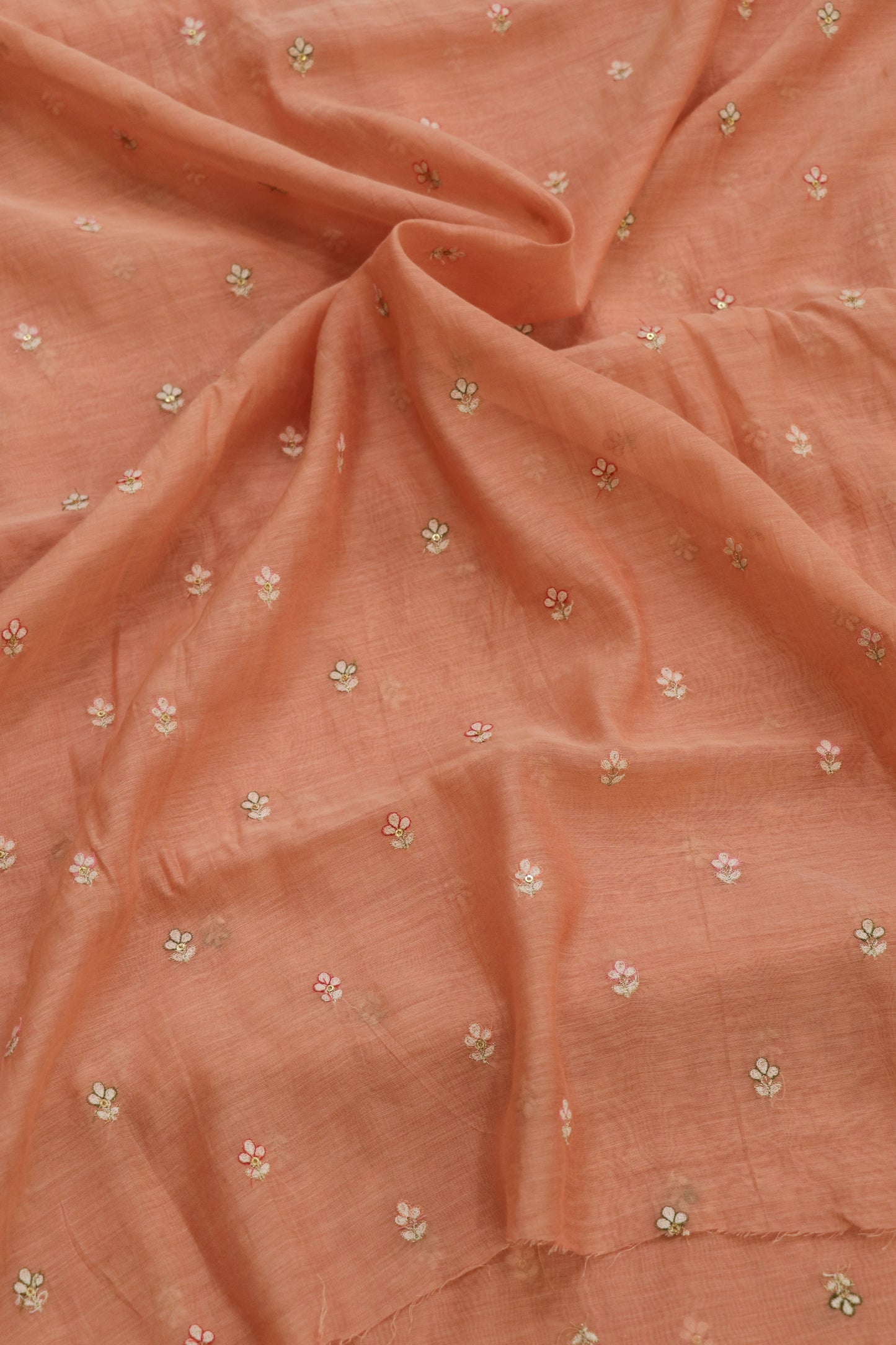 Pure Mul Chanderi Three Petal Floral Embroidered Fabric