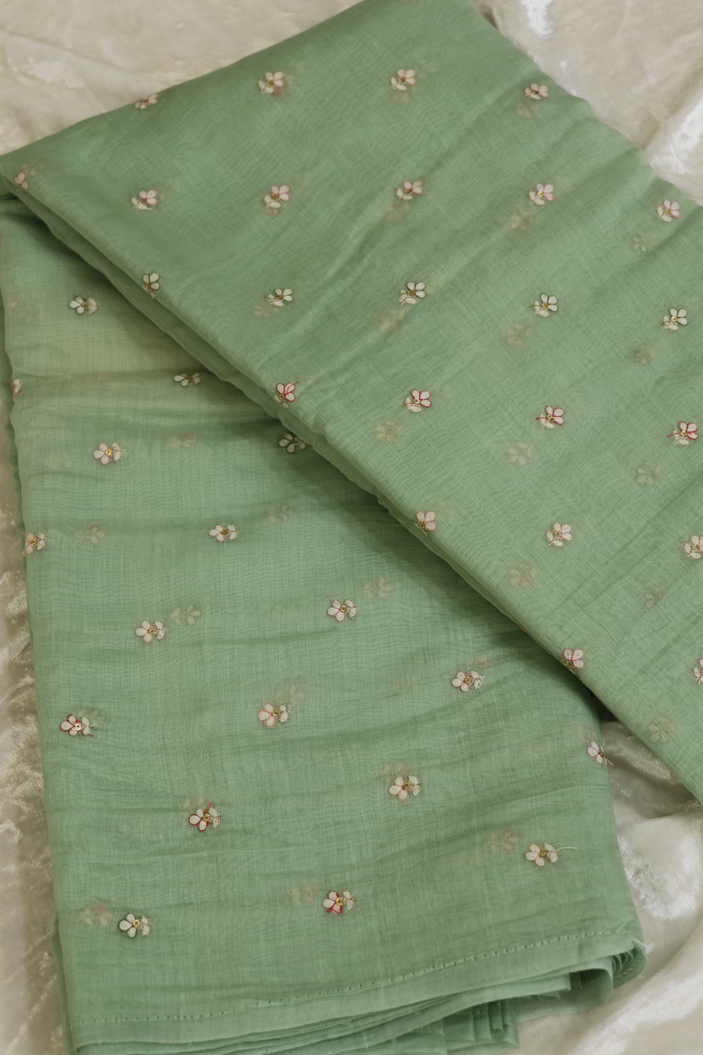 Pure Mul Chanderi Three Petal Floral Embroidered Fabric