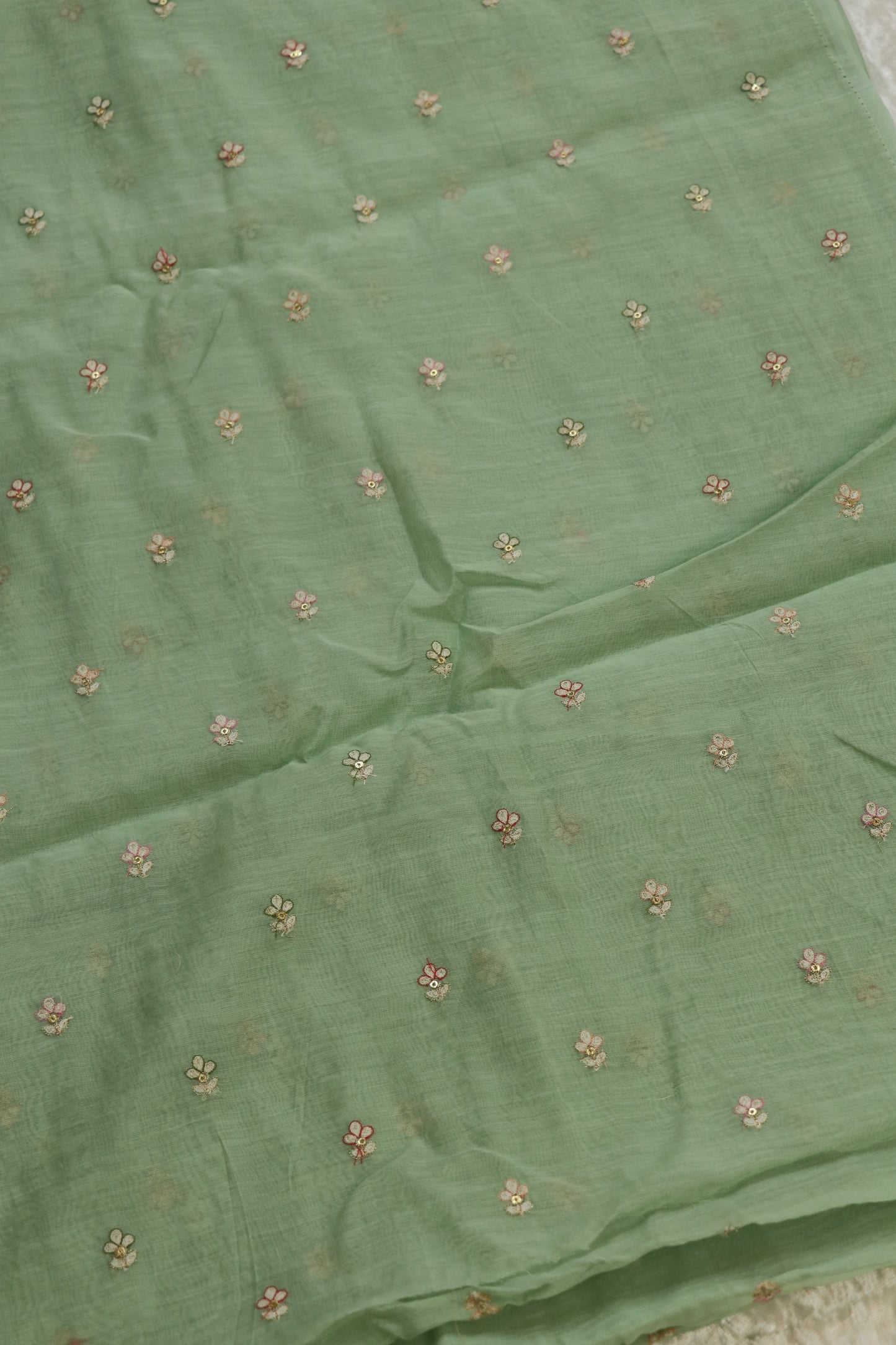 Pure Mul Chanderi Three Petal Floral Embroidered Fabric