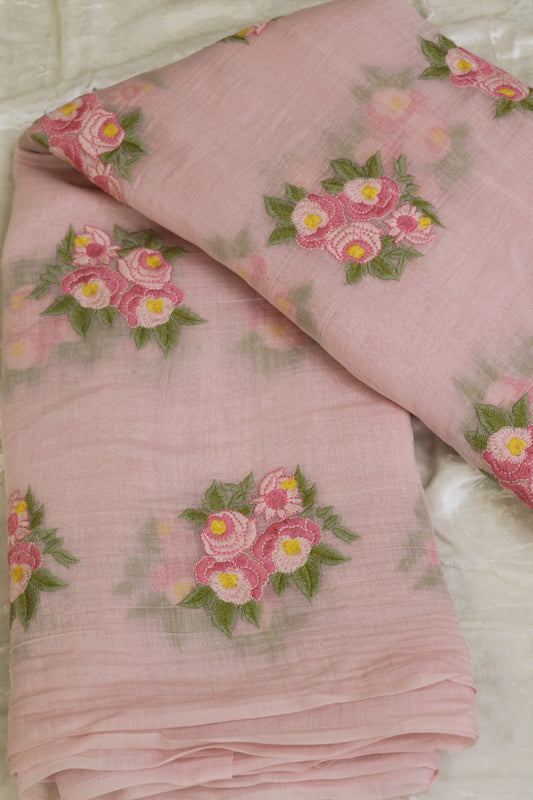 Pure Mul Chanderi Rose Bunches Embroidered Fabric