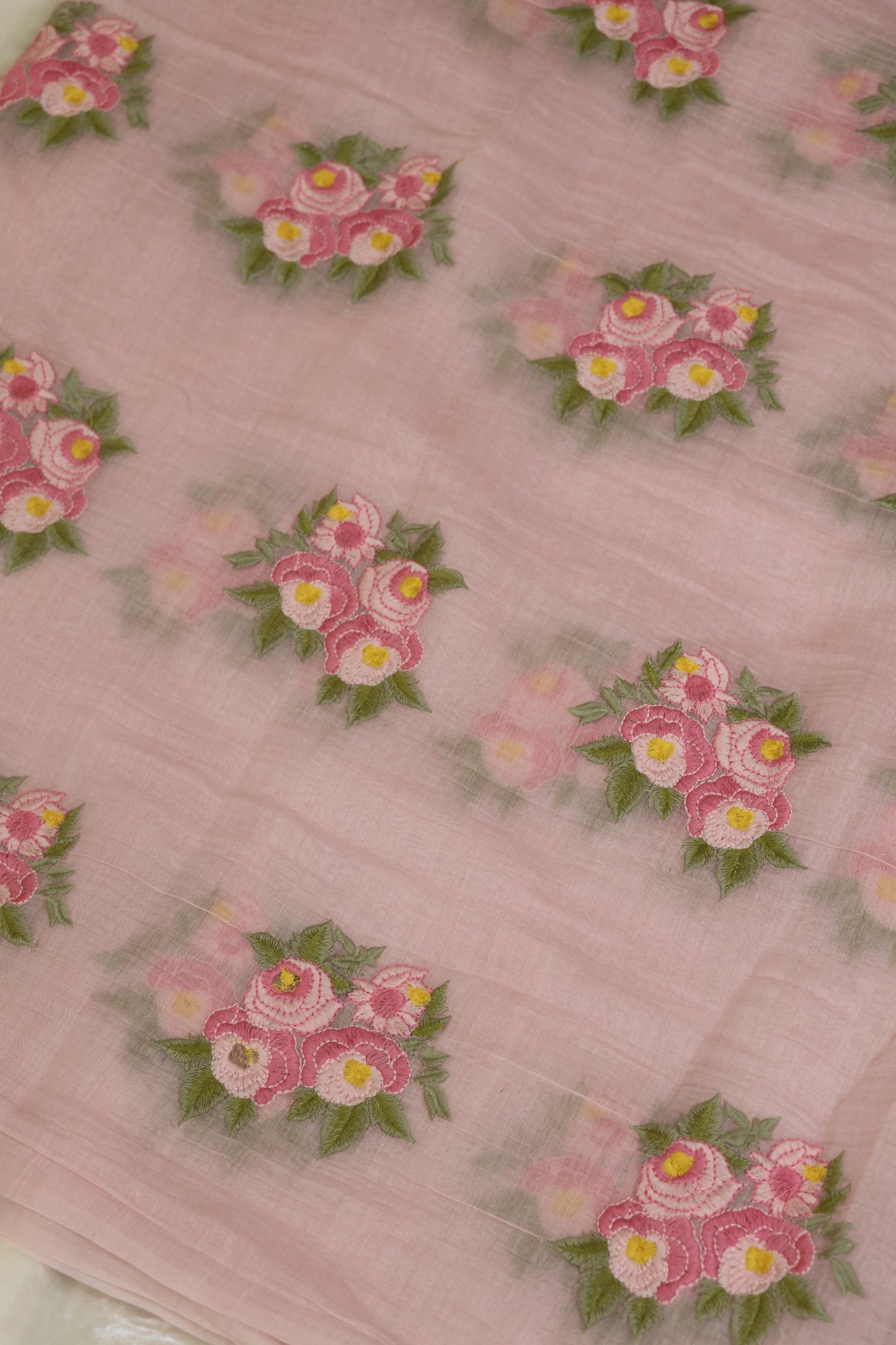 Pure Mul Chanderi Rose Bunches Embroidered Fabric