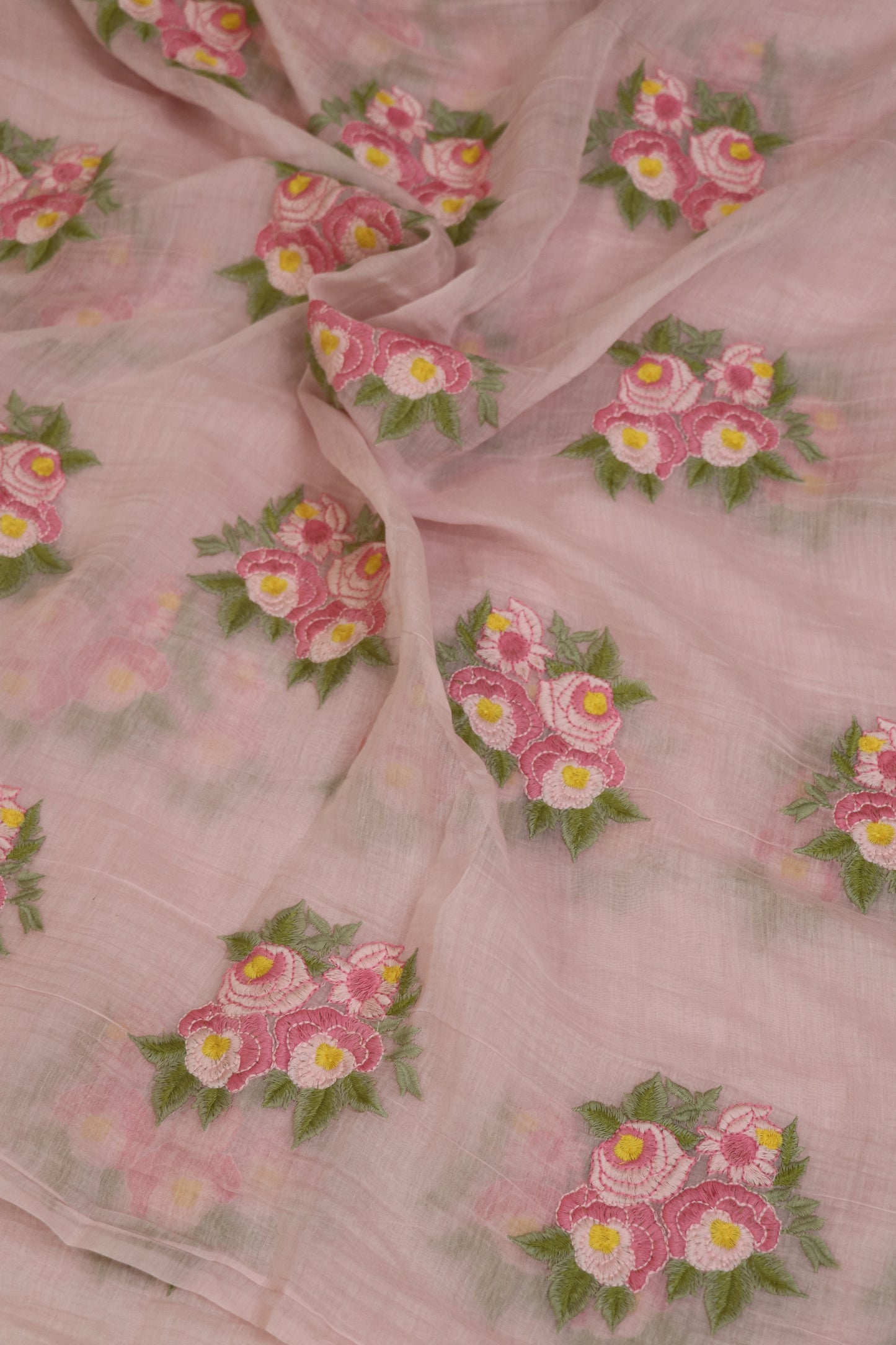 Pure Mul Chanderi Rose Bunches Embroidered Fabric