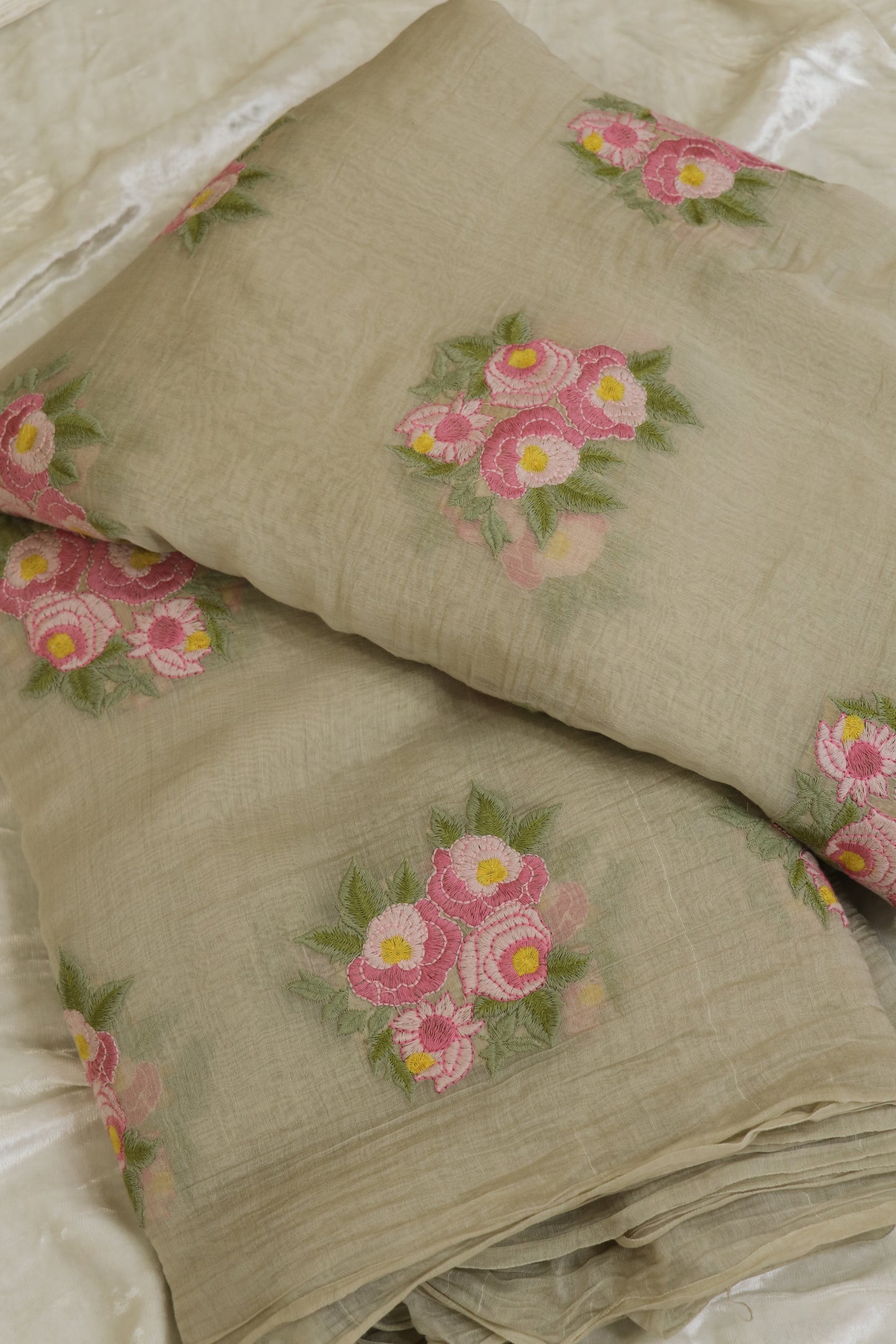 Pure Mul Chanderi Rose Bunches Embroidered Fabric