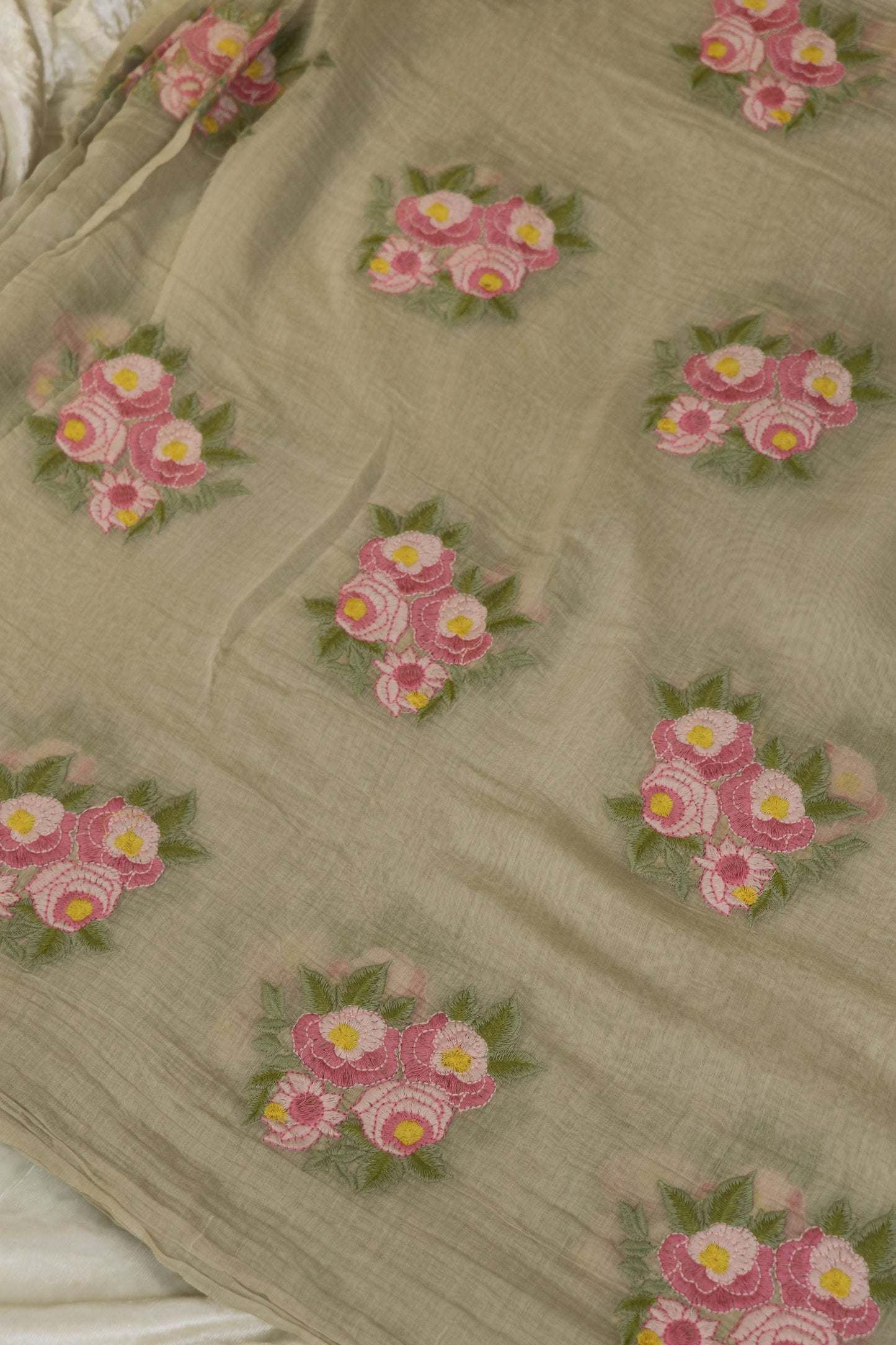 Pure Mul Chanderi Rose Bunches Embroidered Fabric
