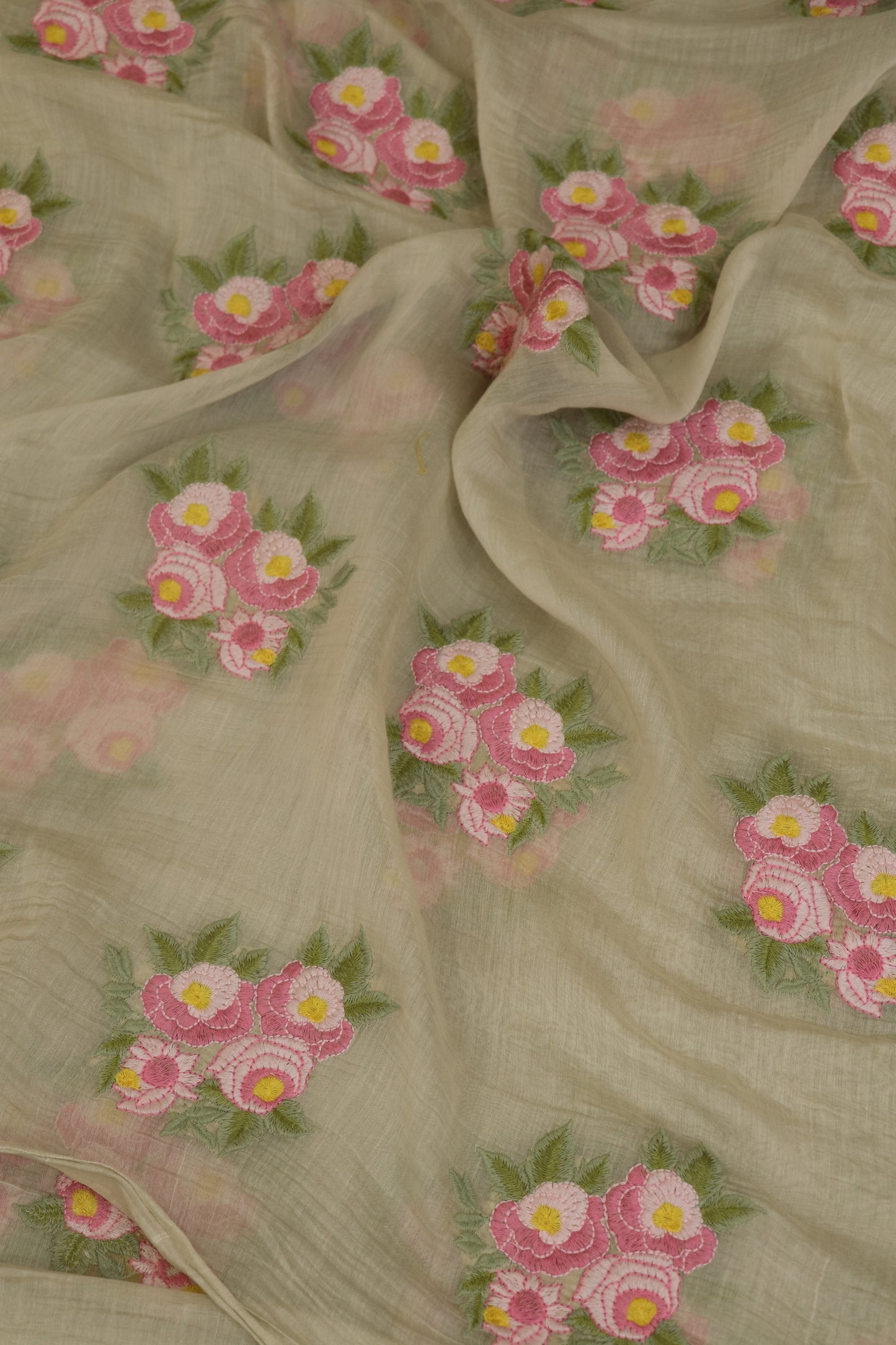 Pure Mul Chanderi Rose Bunches Embroidered Fabric