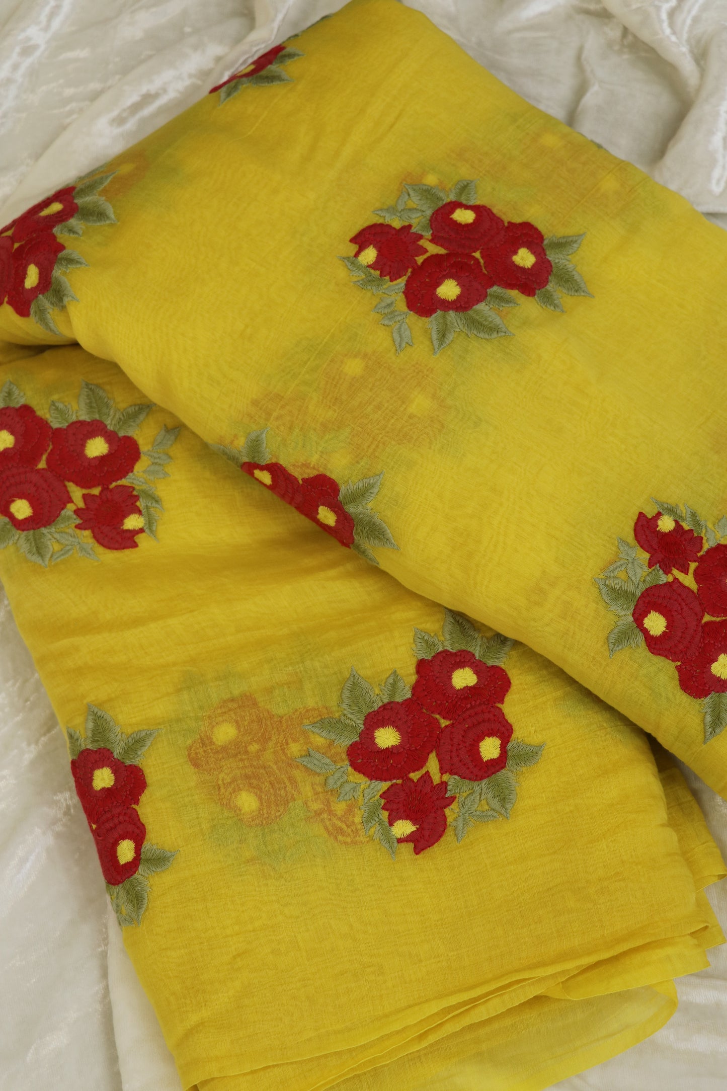 Pure Mul Chanderi Rose Bunches Embroidered Fabric