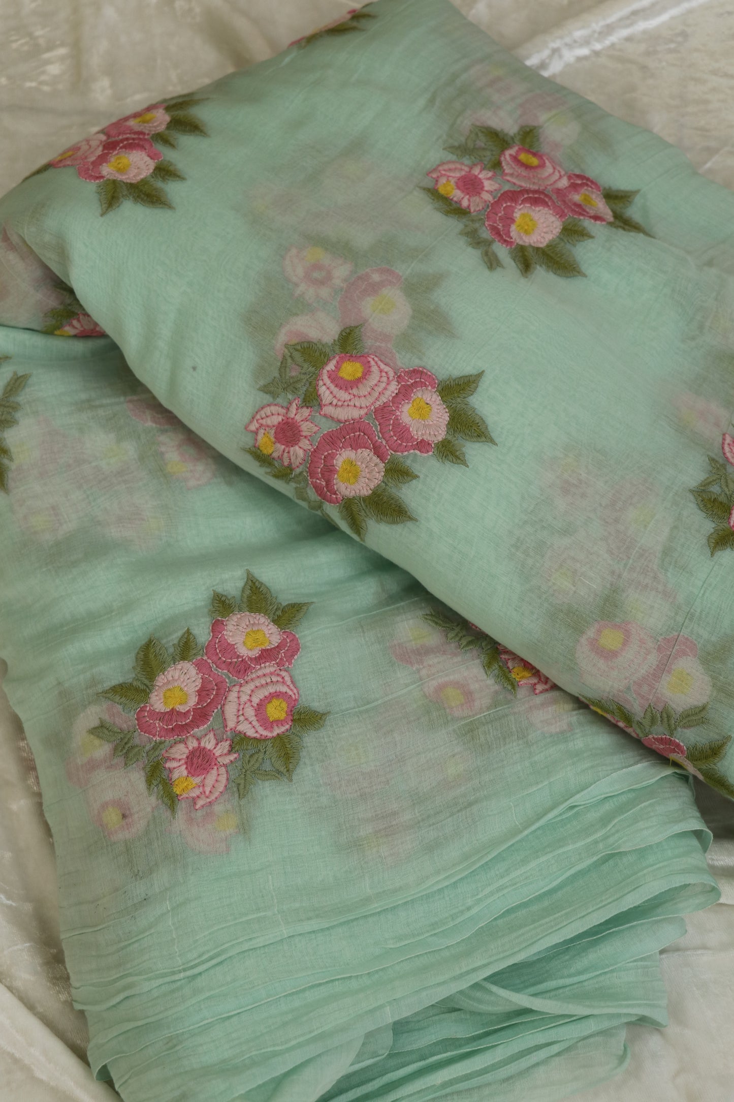 Pure Mul Chanderi Rose Bunches Embroidered Fabric