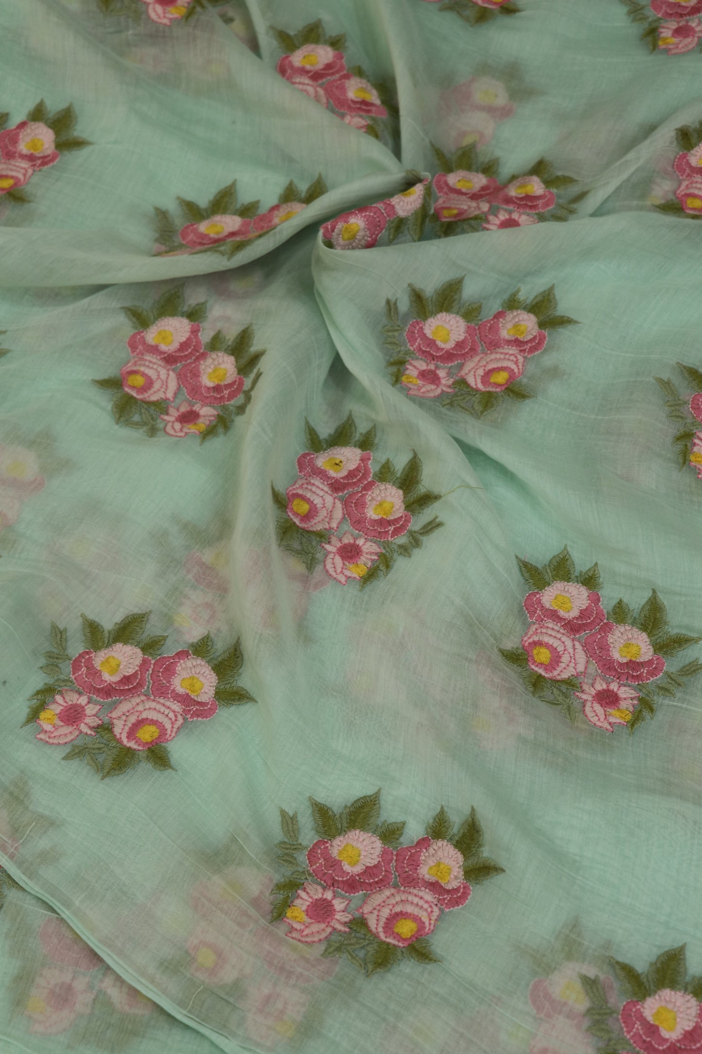 Pure Mul Chanderi Rose Bunches Embroidered Fabric
