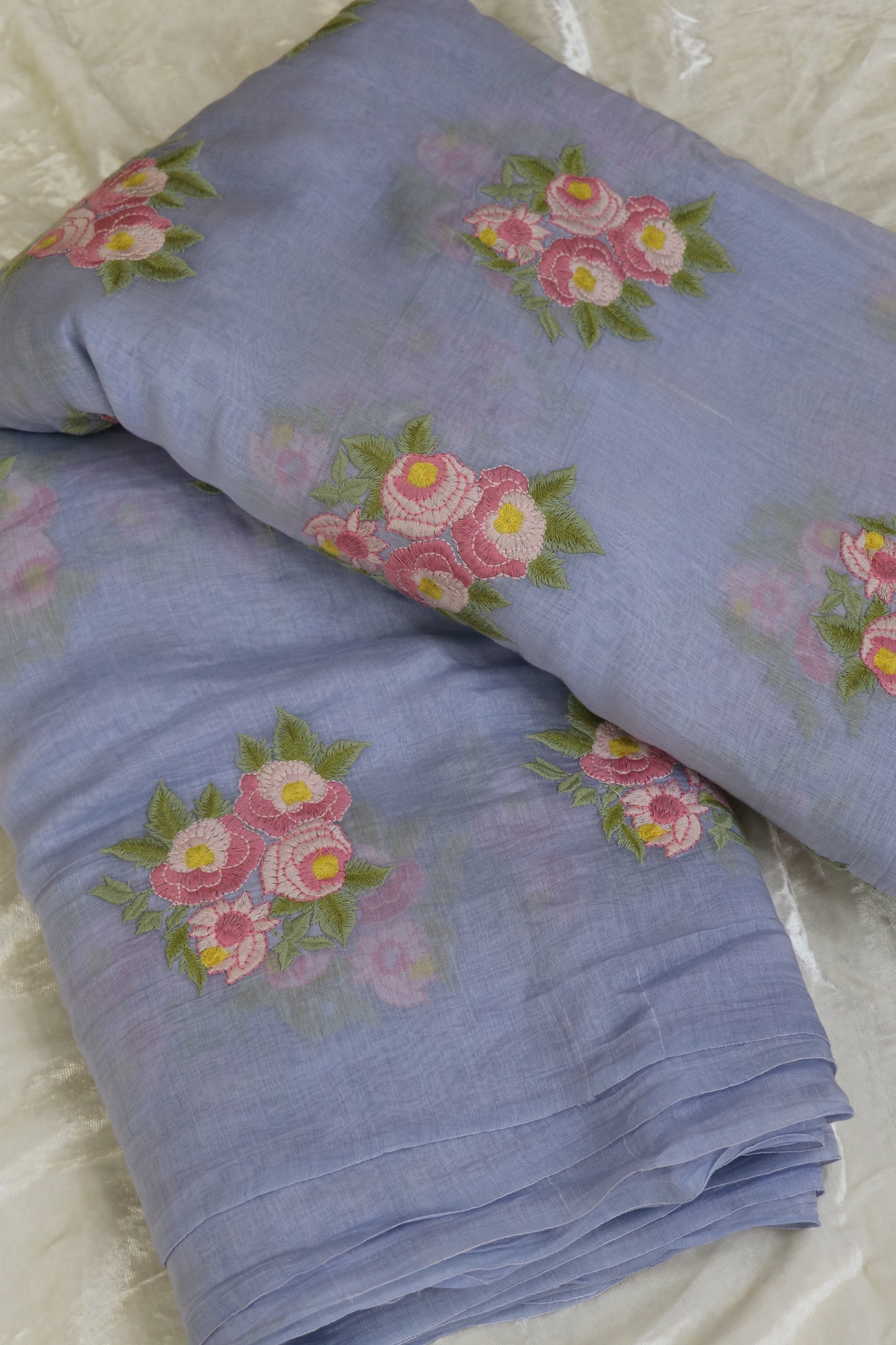 Pure Mul Chanderi Rose Bunches Embroidered Fabric