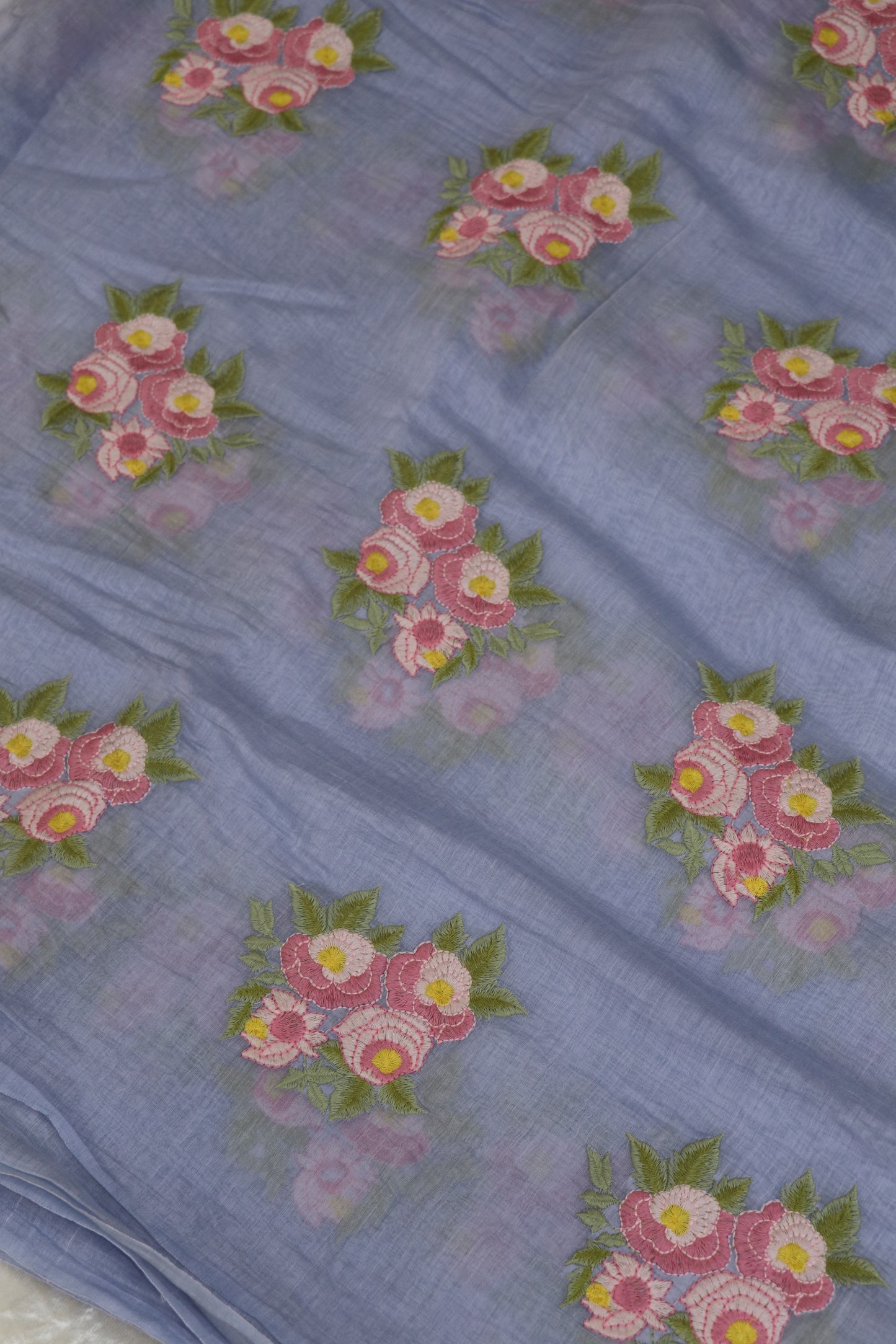 Pure Mul Chanderi Rose Bunches Embroidered Fabric