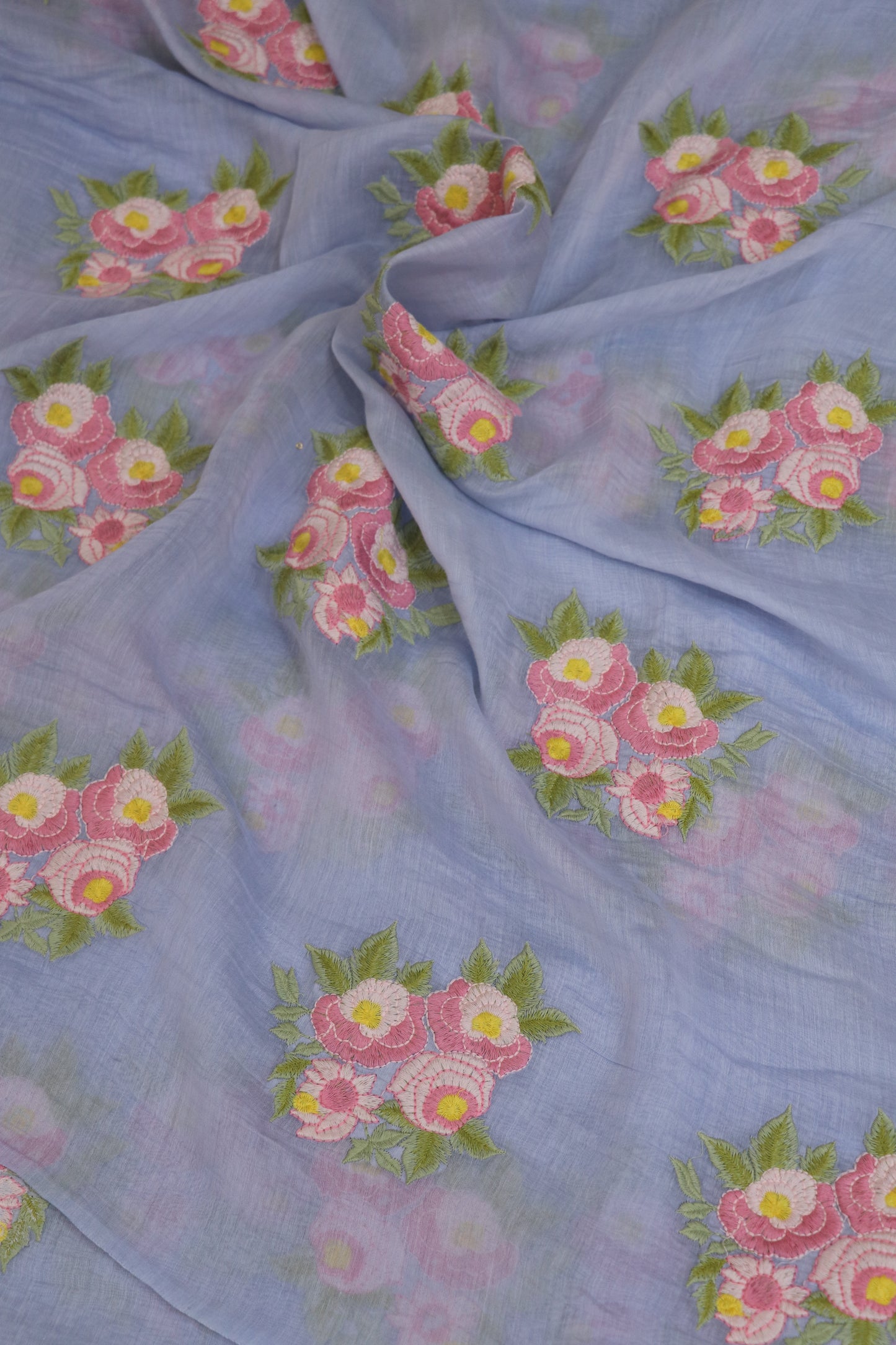Pure Mul Chanderi Rose Bunches Embroidered Fabric