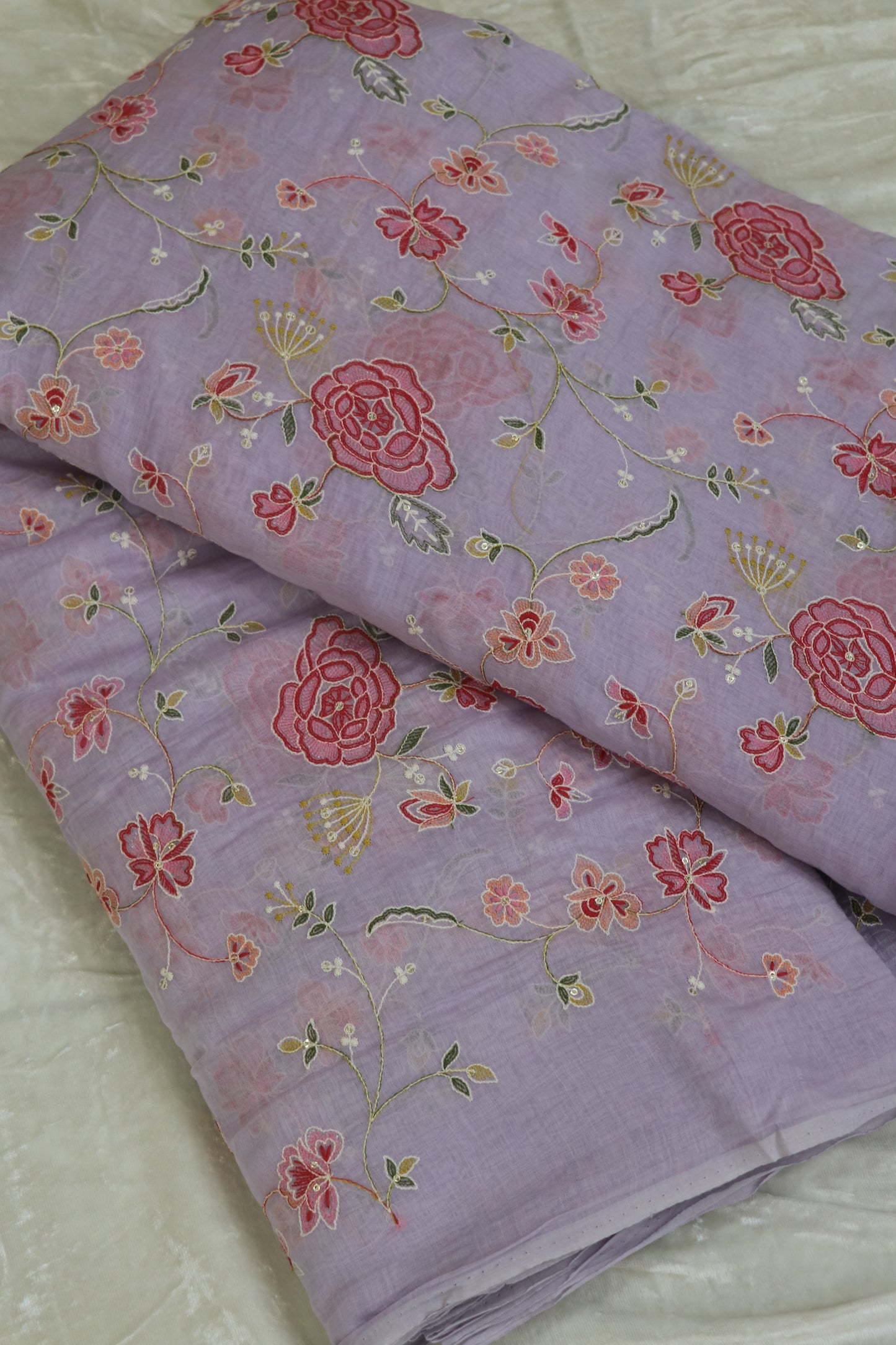 Pure Mul Chanderi Red Rose Floral Jaal Embroidered Fabric
