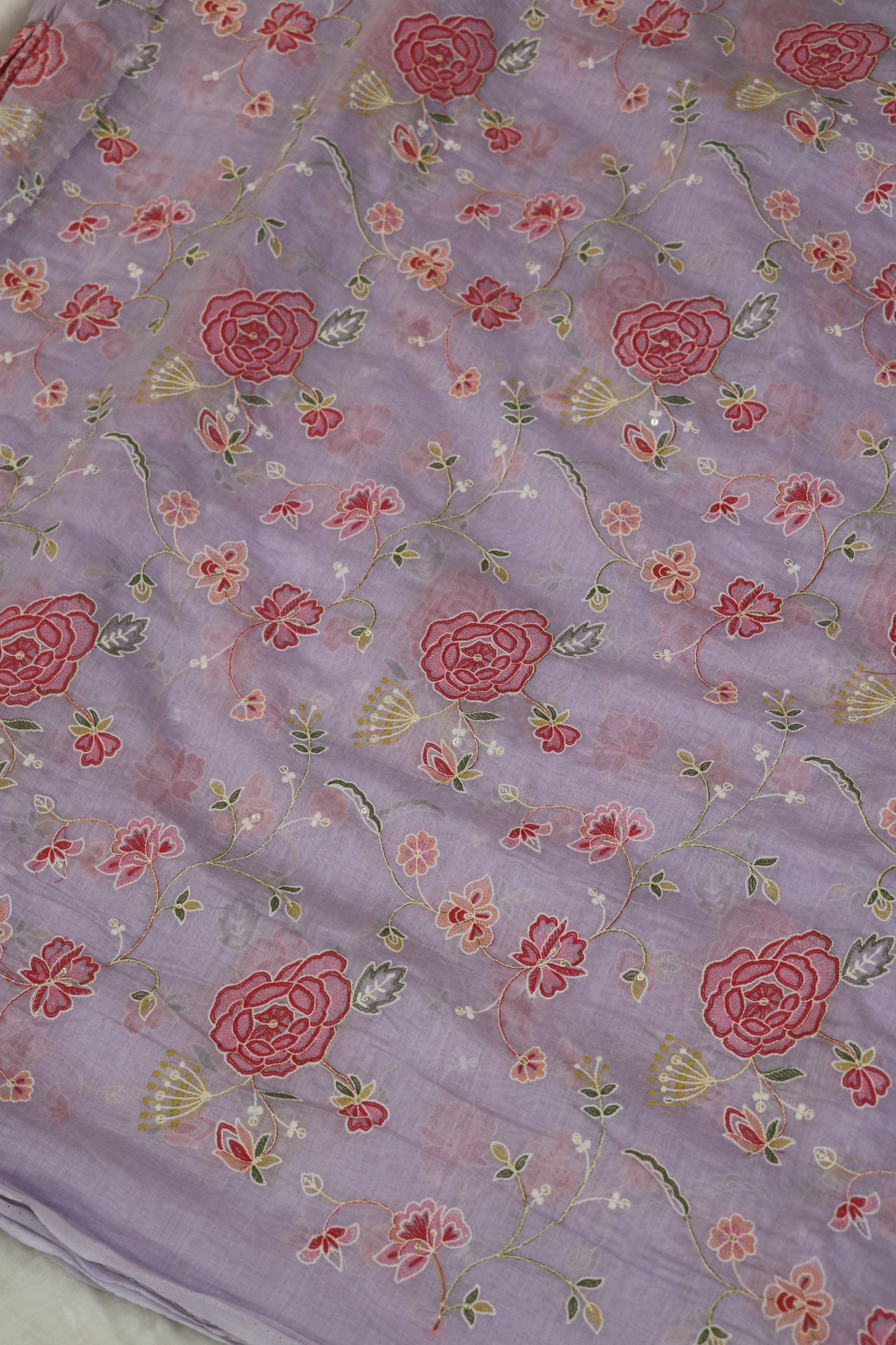 Pure Mul Chanderi Red Rose Floral Jaal Embroidered Fabric