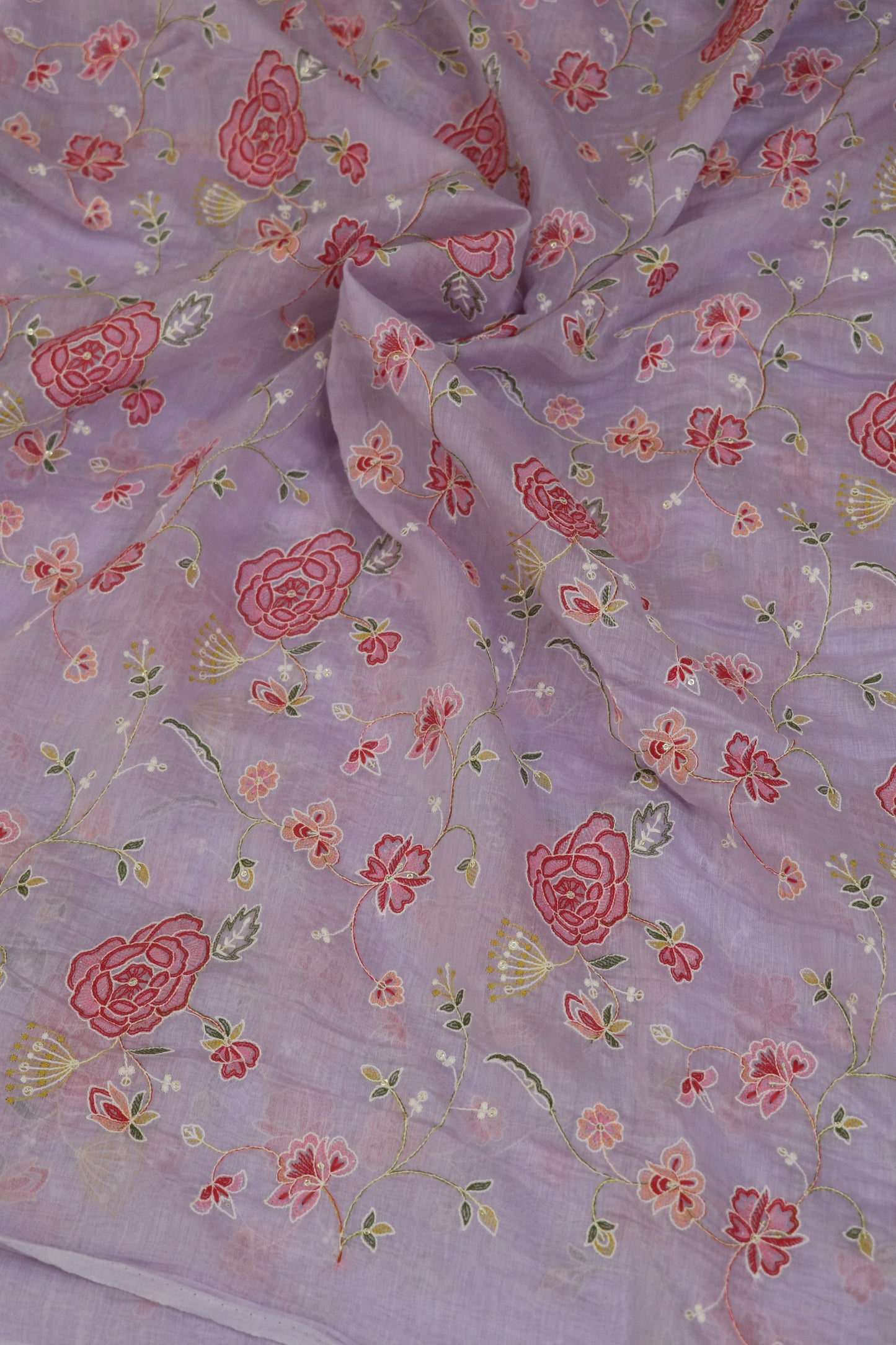 Pure Mul Chanderi Red Rose Floral Jaal Embroidered Fabric