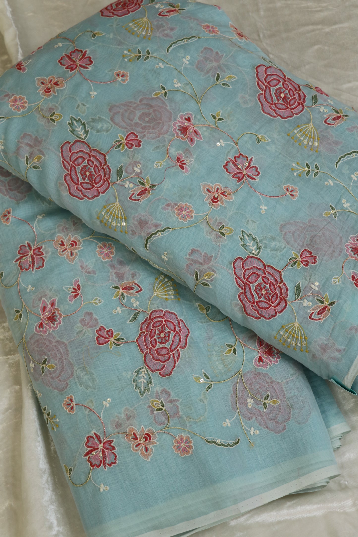 Pure Mul Chanderi Red Rose Floral Jaal Embroidered Fabric