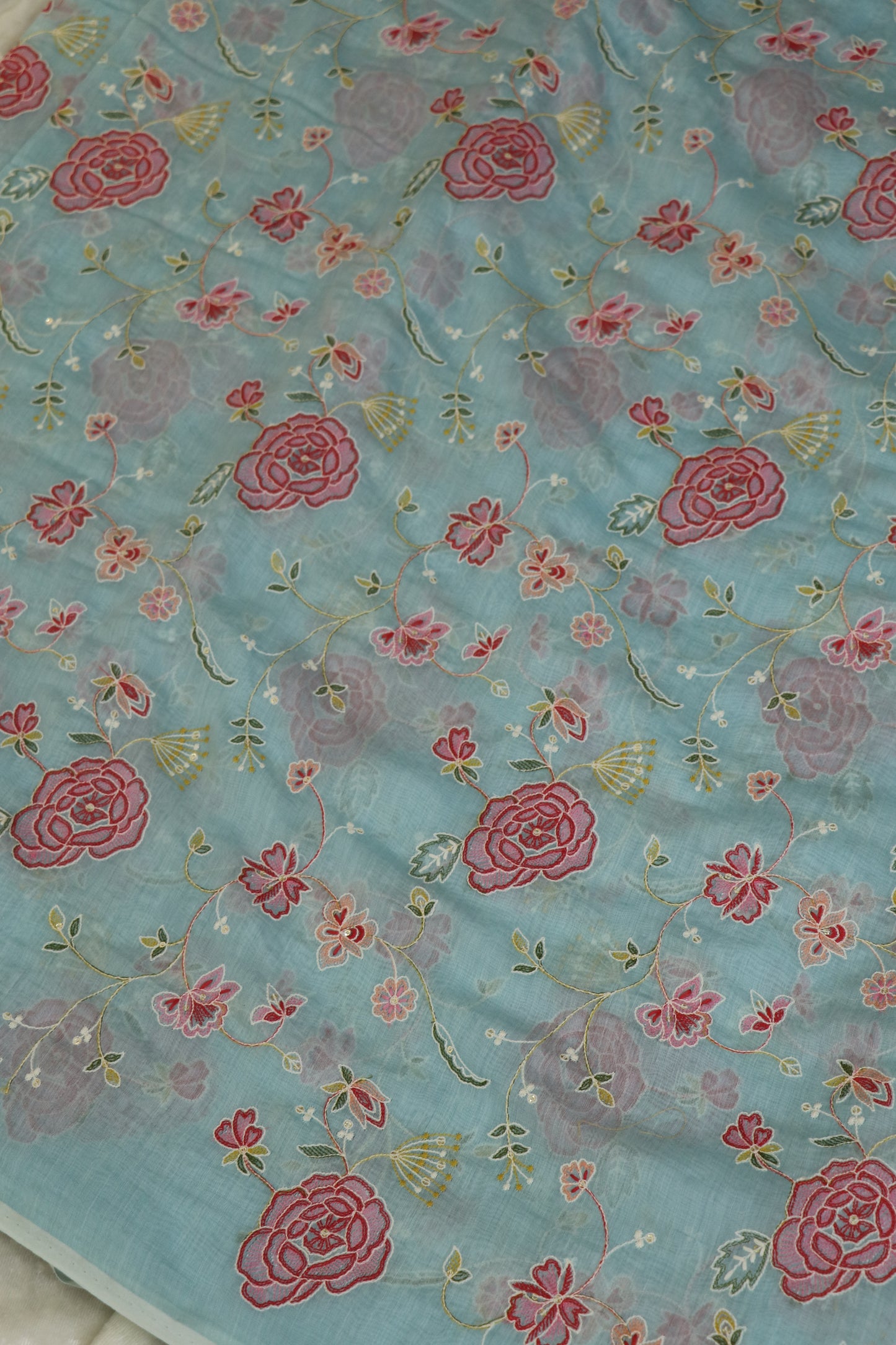 Pure Mul Chanderi Red Rose Floral Jaal Embroidered Fabric