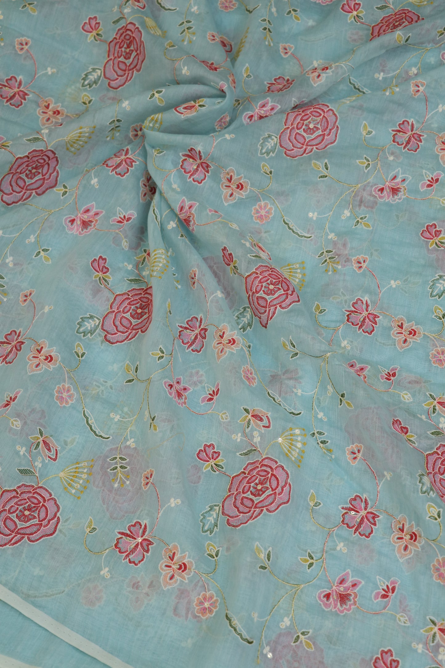 Pure Mul Chanderi Red Rose Floral Jaal Embroidered Fabric