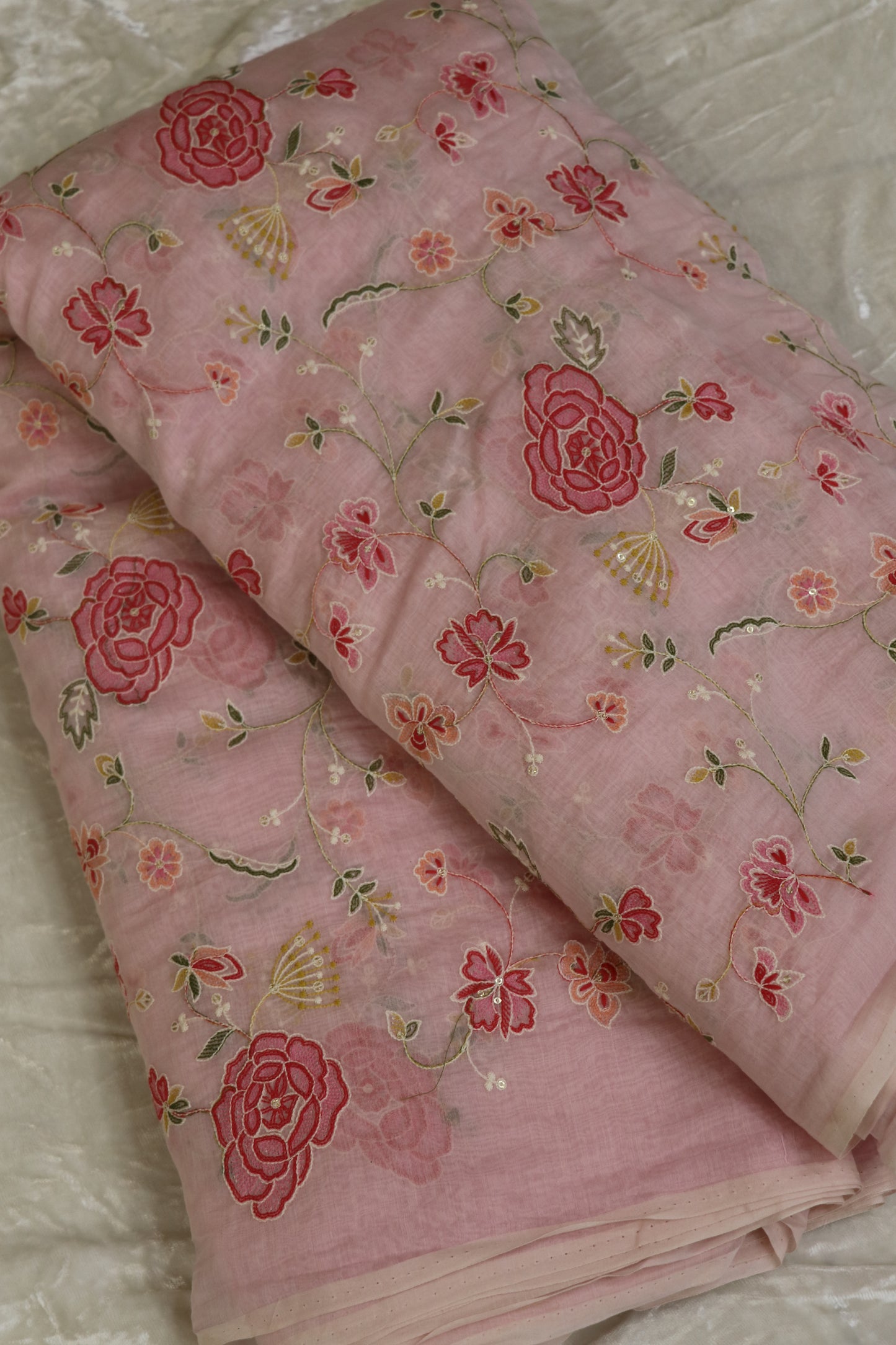 Pure Mul Chanderi Red Rose Floral Jaal Embroidered Fabric