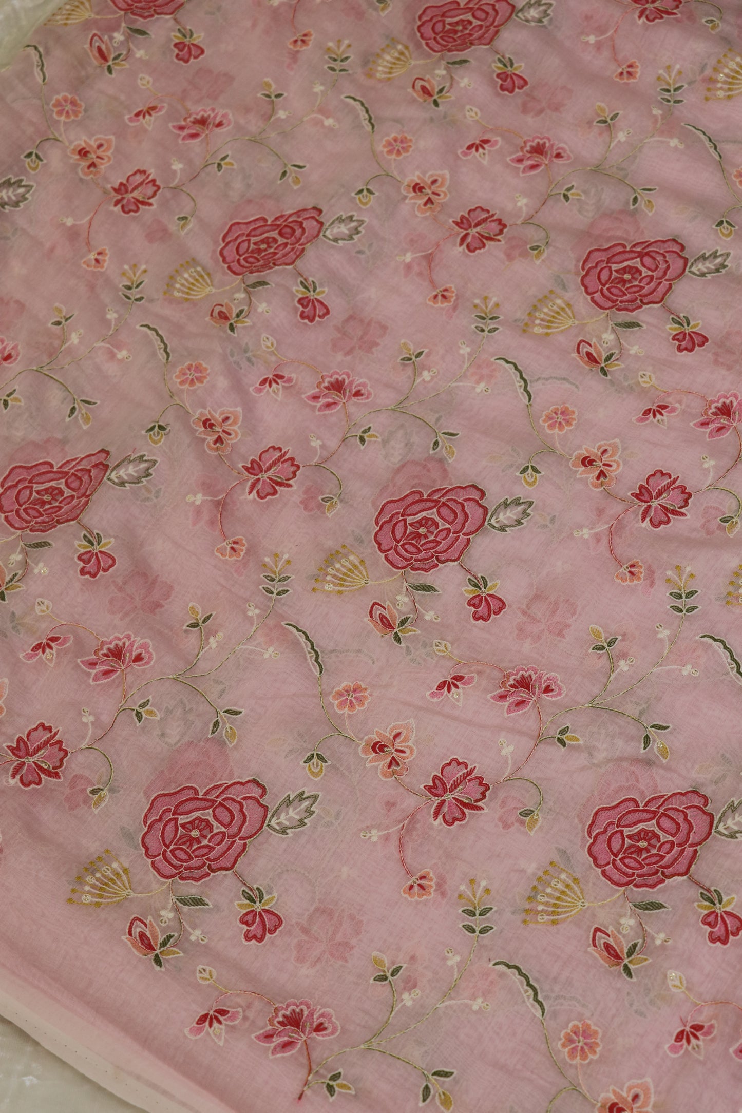 Pure Mul Chanderi Red Rose Floral Jaal Embroidered Fabric