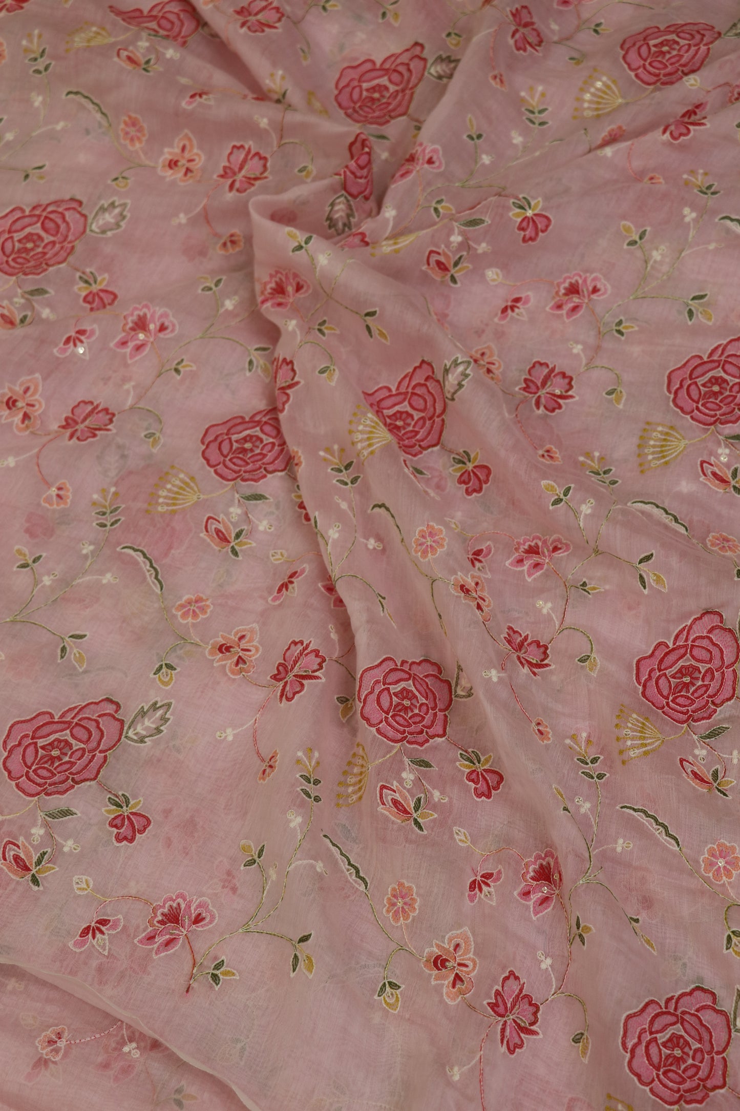Pure Mul Chanderi Red Rose Floral Jaal Embroidered Fabric