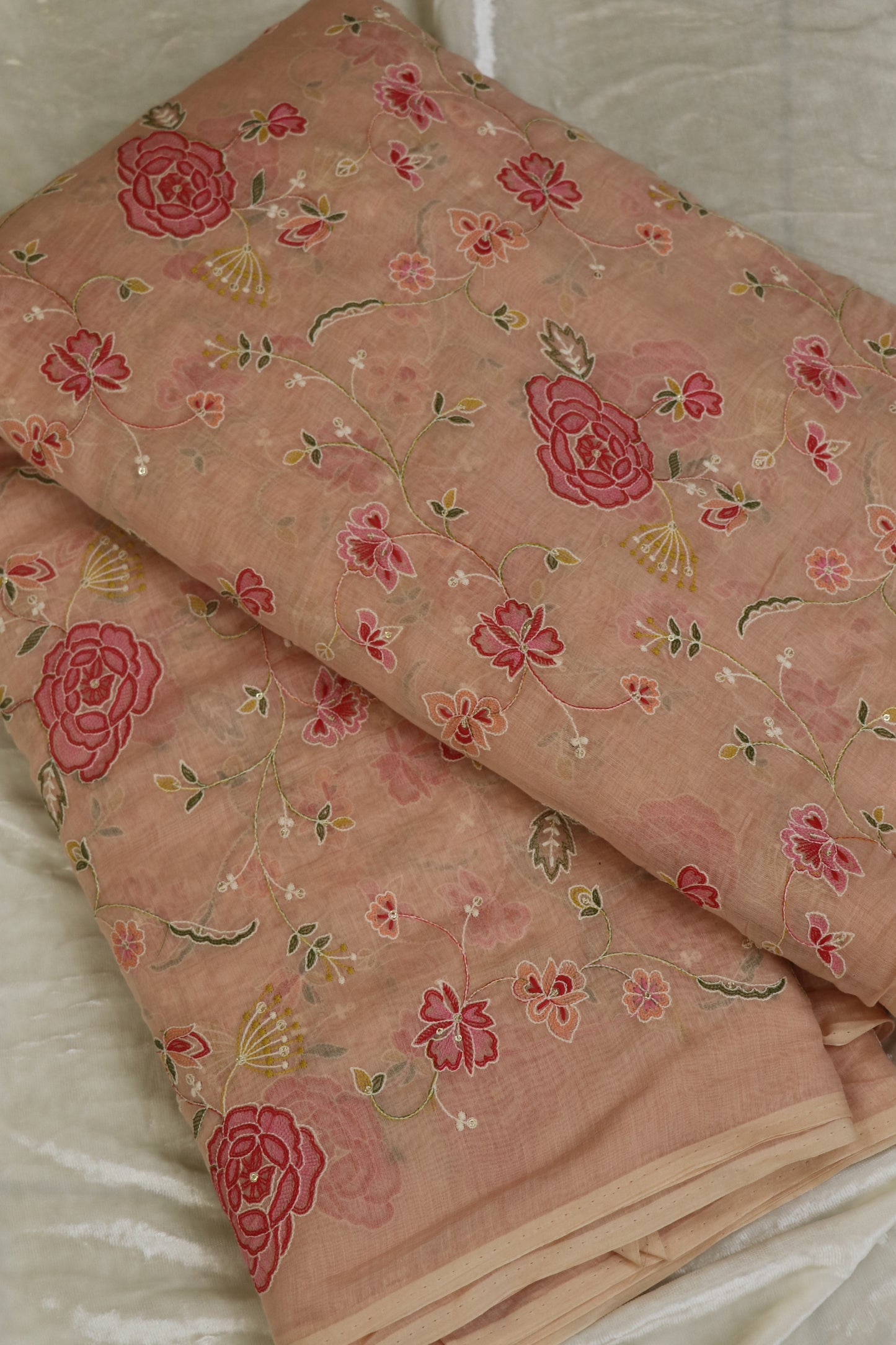 Pure Mul Chanderi Red Rose Floral Jaal Embroidered Fabric