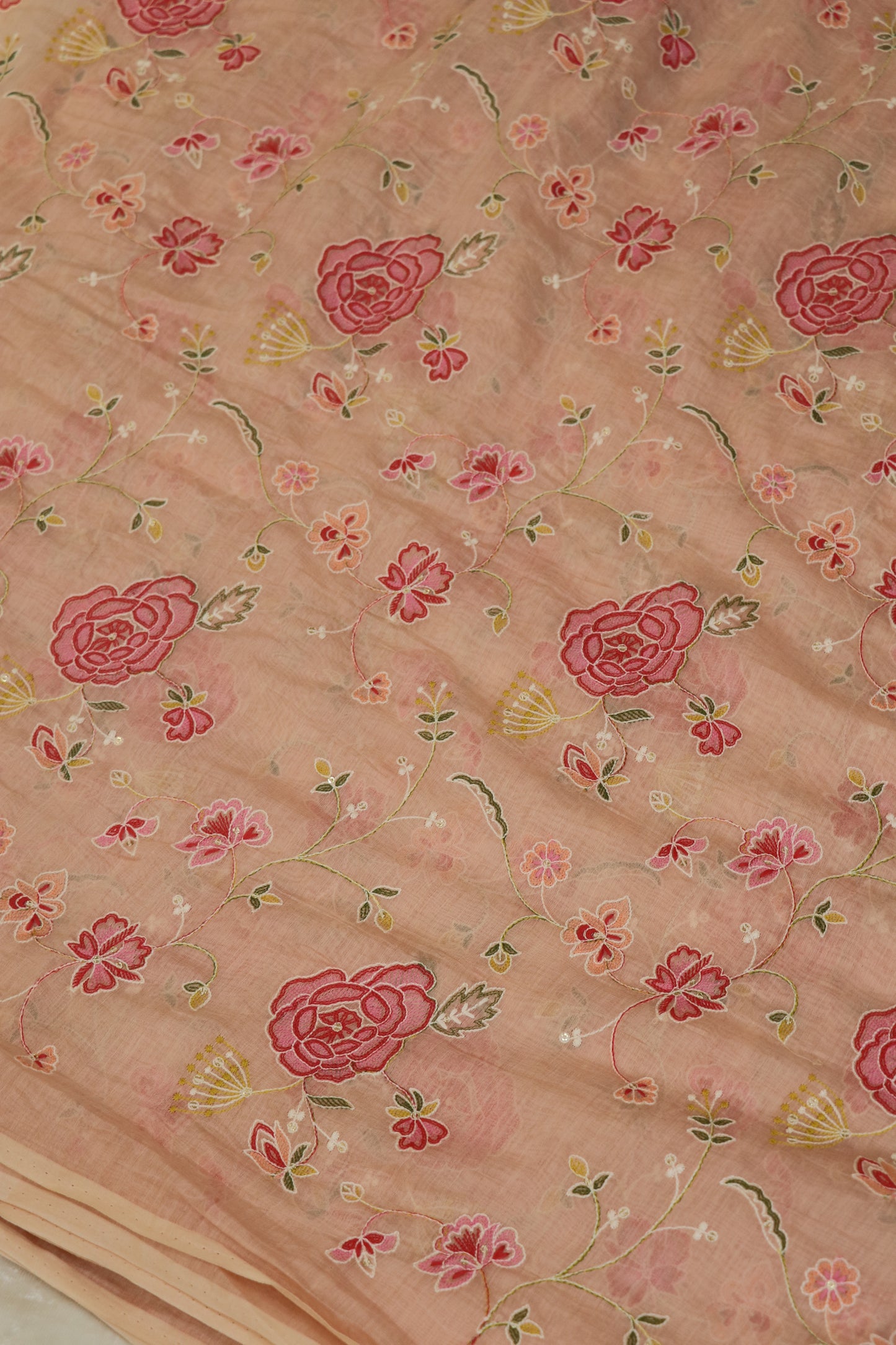 Pure Mul Chanderi Red Rose Floral Jaal Embroidered Fabric