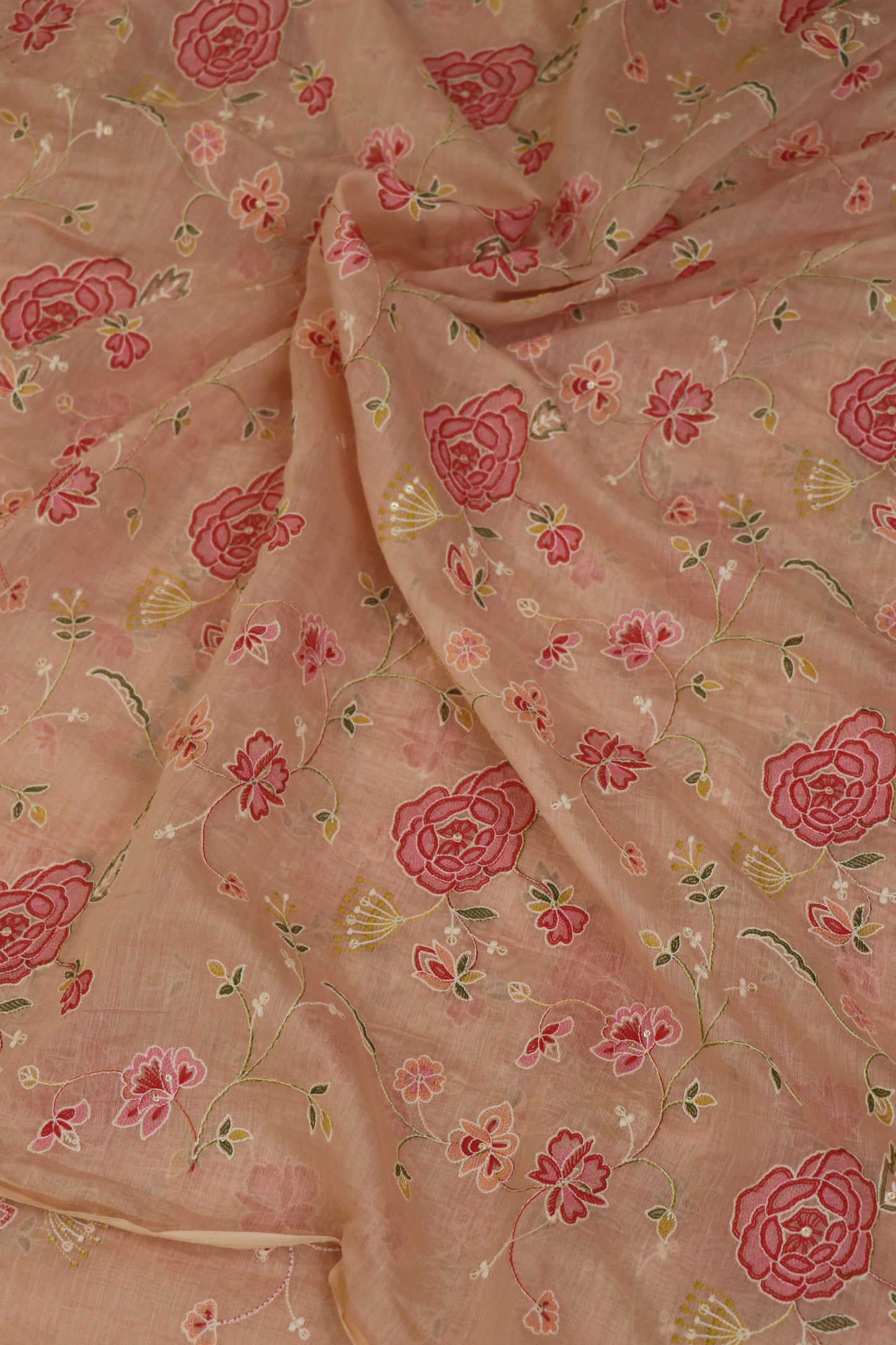 Pure Mul Chanderi Red Rose Floral Jaal Embroidered Fabric