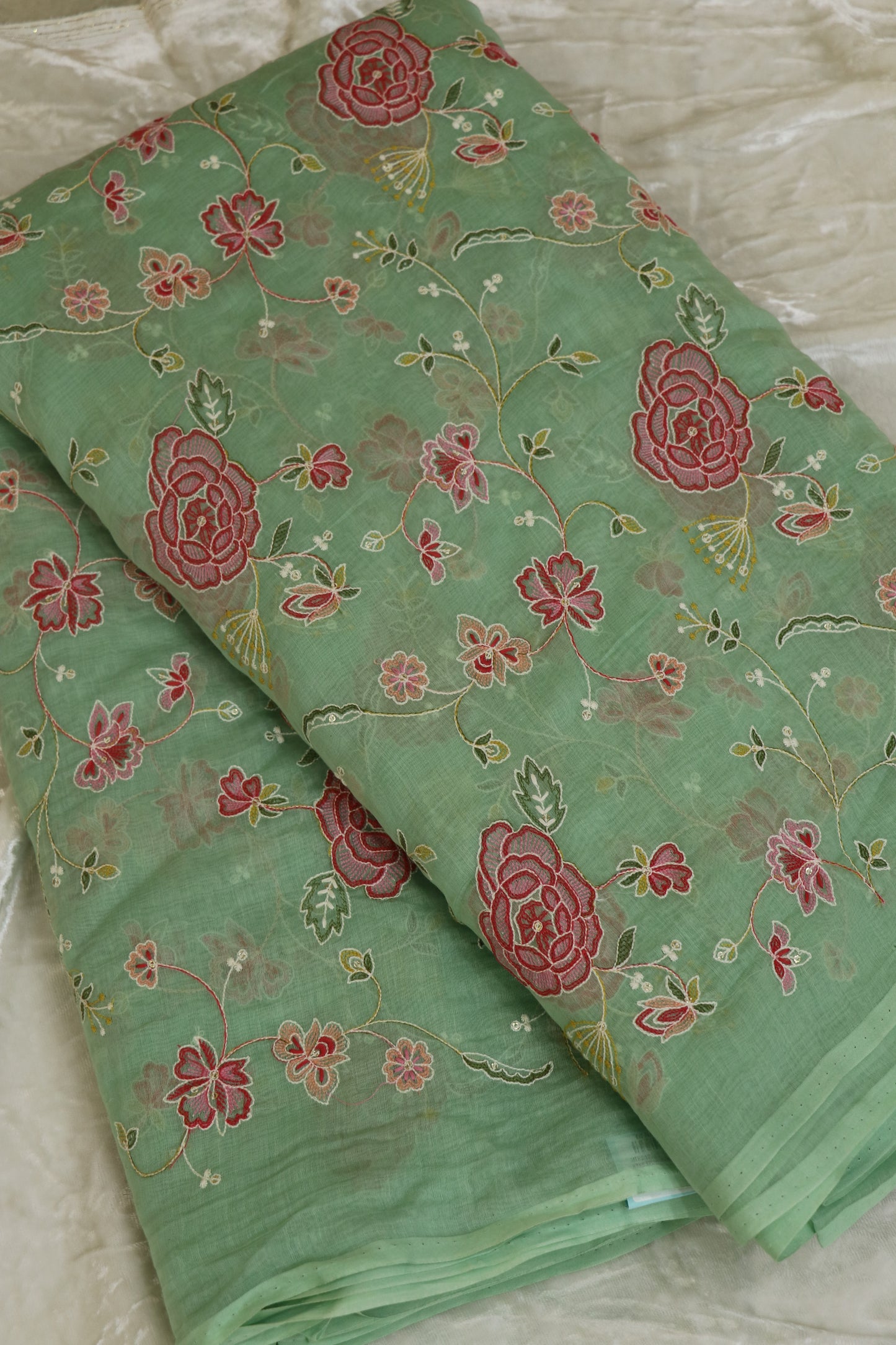 Pure Mul Chanderi Red Rose Floral Jaal Embroidered Fabric