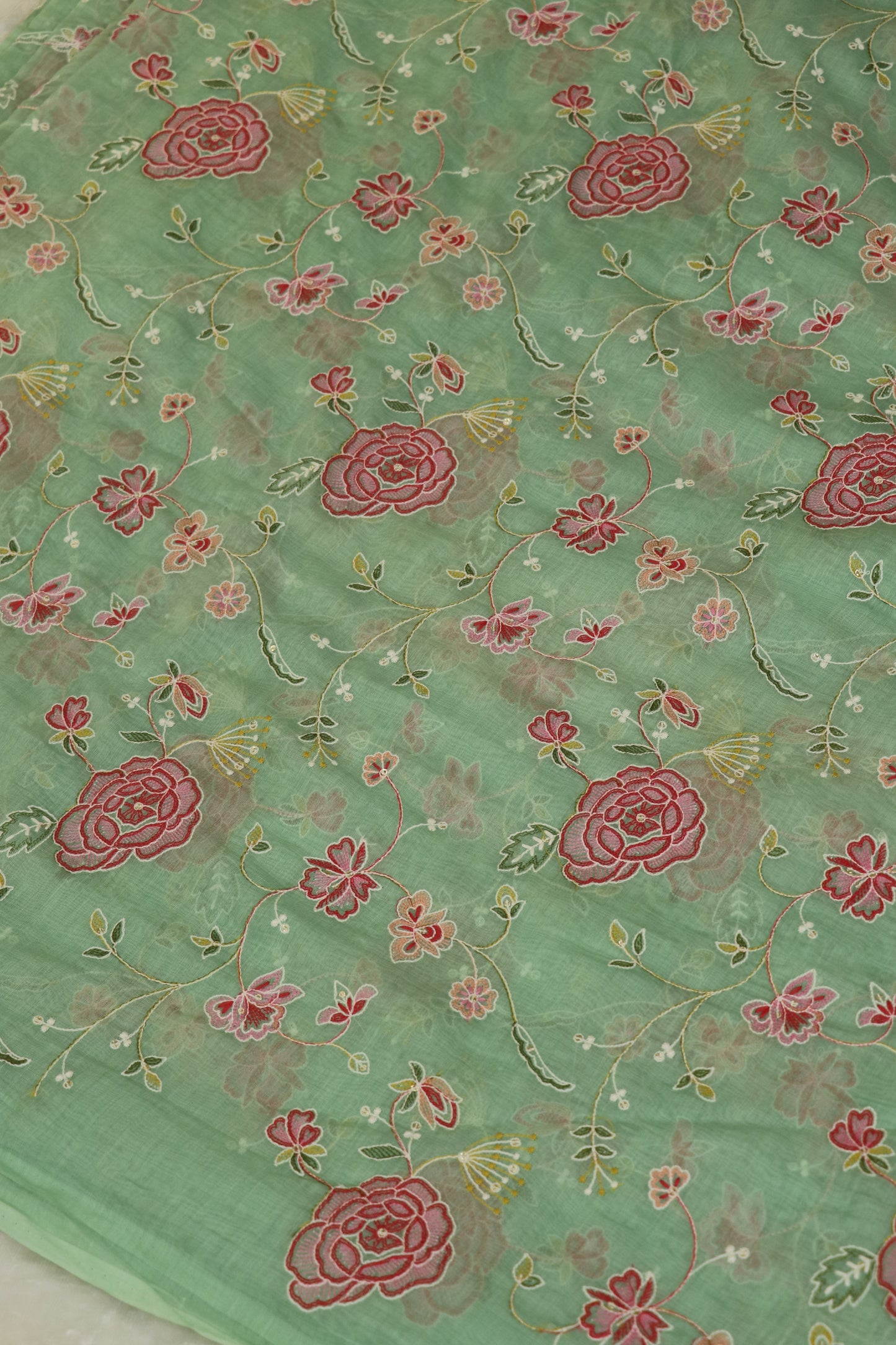 Pure Mul Chanderi Red Rose Floral Jaal Embroidered Fabric